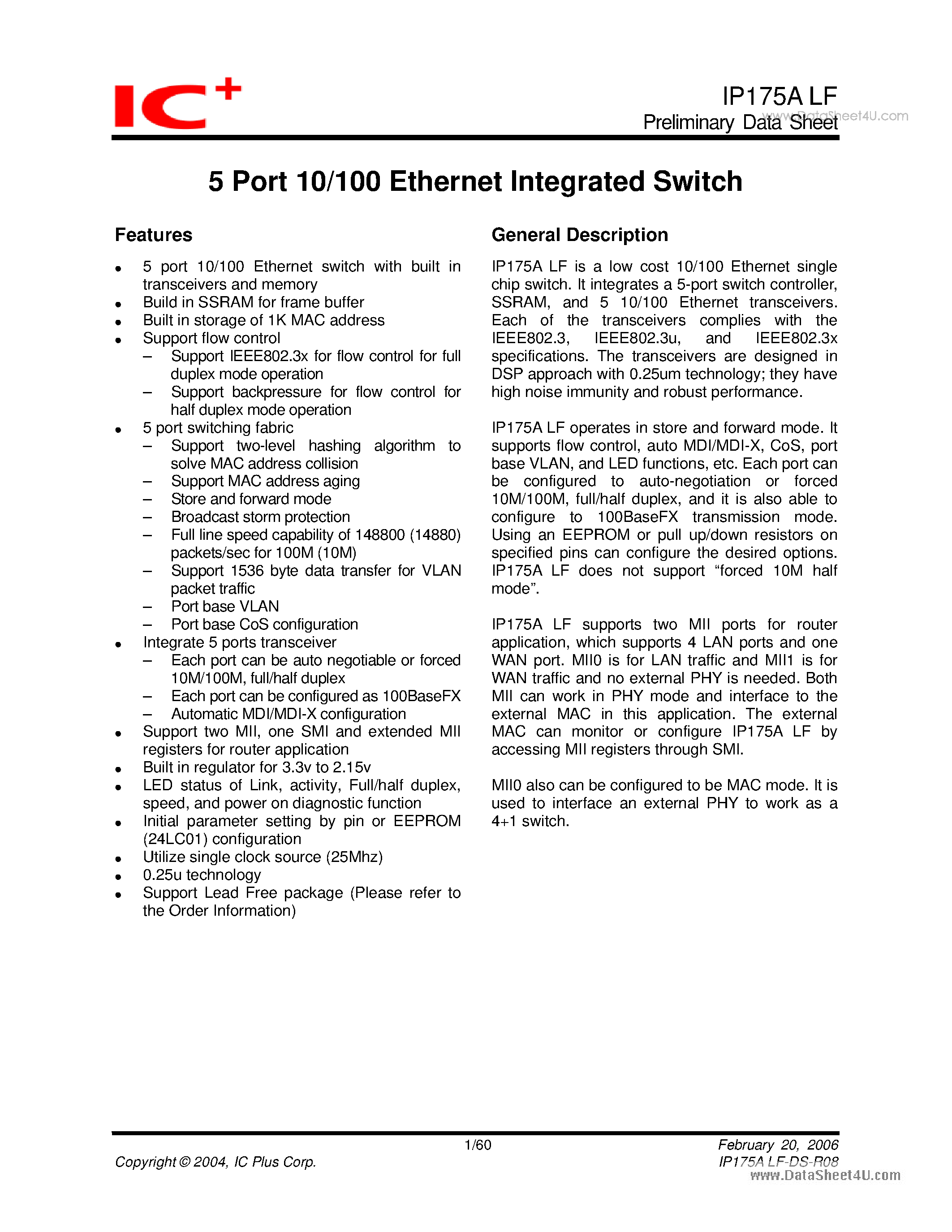 Даташит IP175ALF - 5 Port 10/100 Ethernet Integrated Switch страница 1