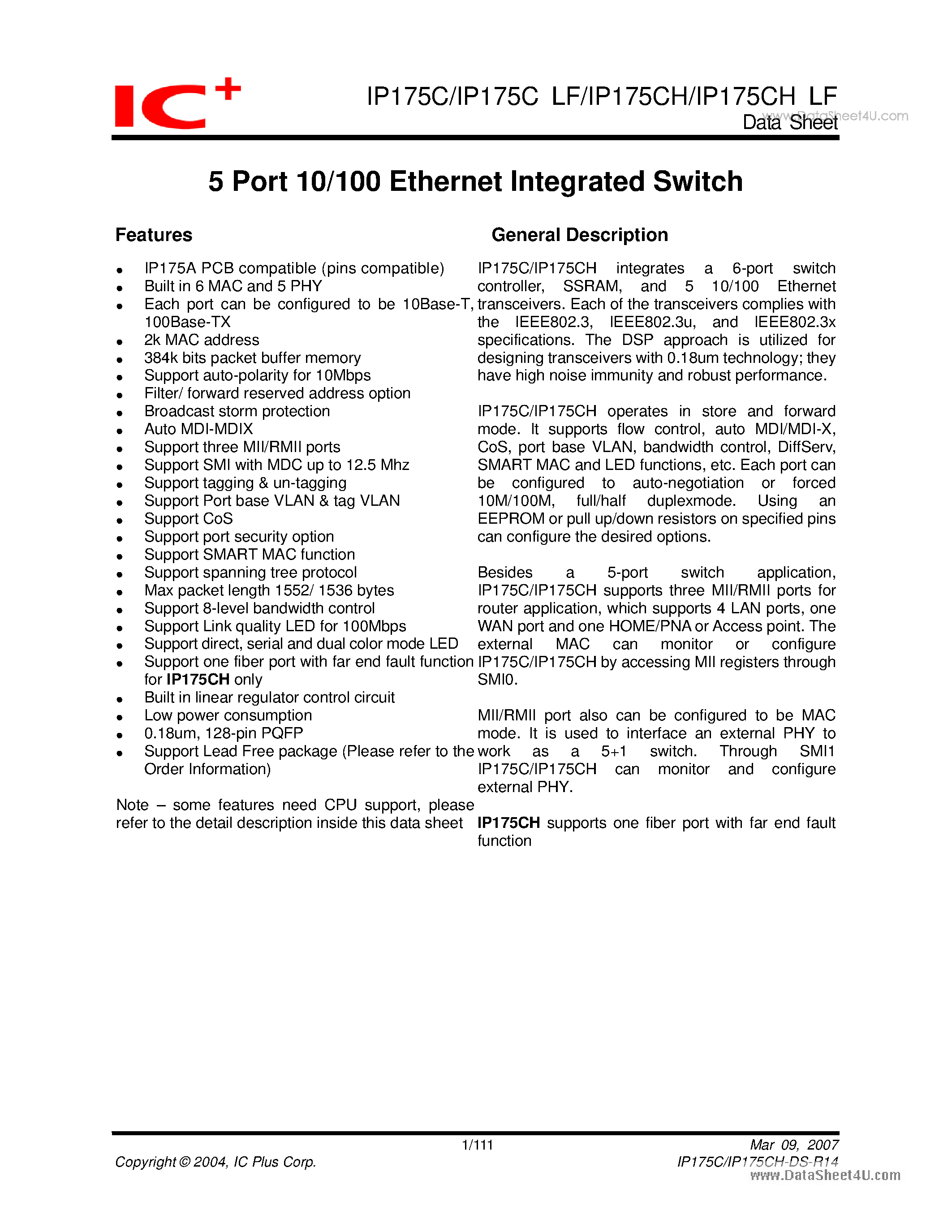 Даташит на микросхему IP175CH страница 1 Даташит IP175CH - 5 Port 10/100 Ethernet Integrated Switch страница 1