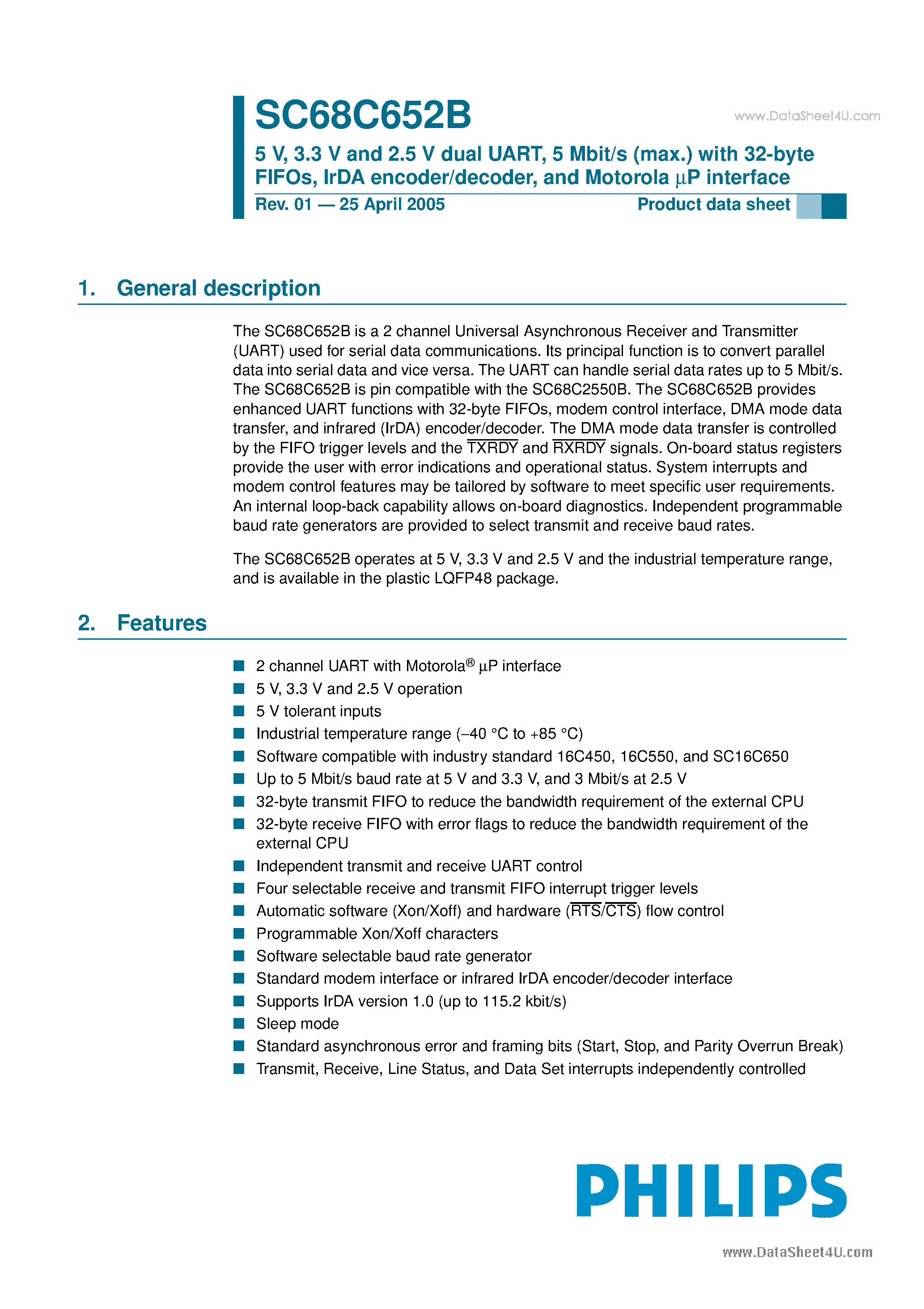 Datasheet SC68C652B - 5 Mbit/s (max.) with 32-byte FIFOs page 1
