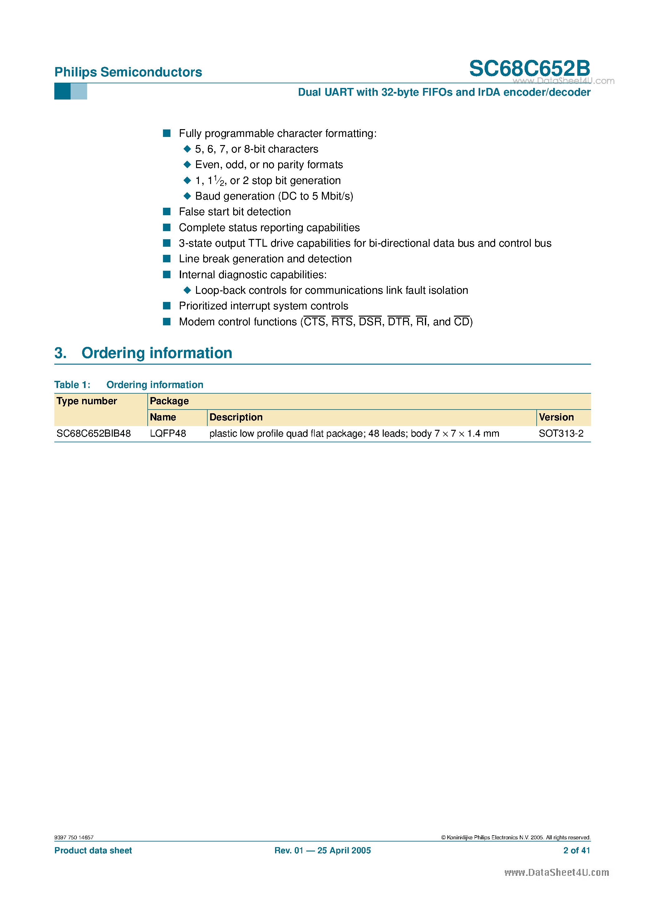 Datasheet SC68C652B - 5 Mbit/s (max.) with 32-byte FIFOs page 2