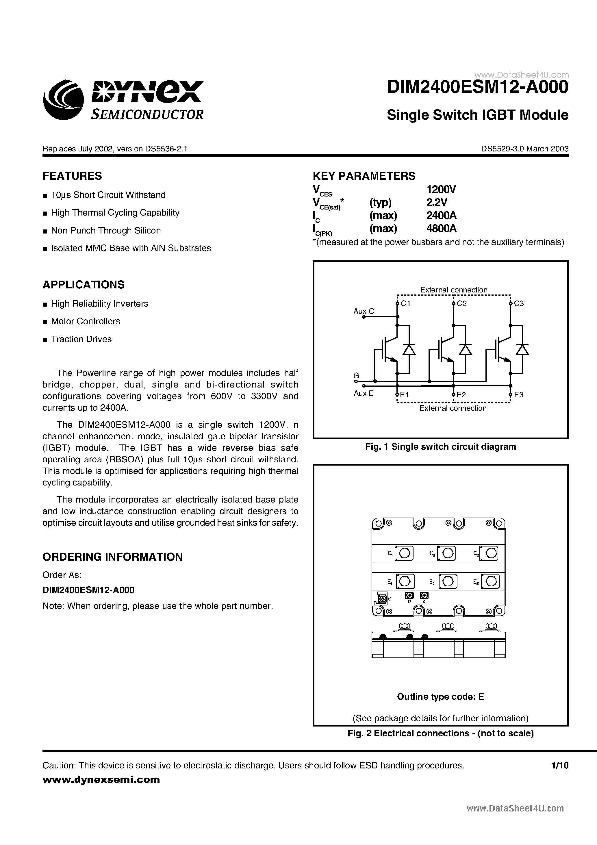 Даташит DIM2400ESM12-A000 - Single Switch IGBT Module страница 1
