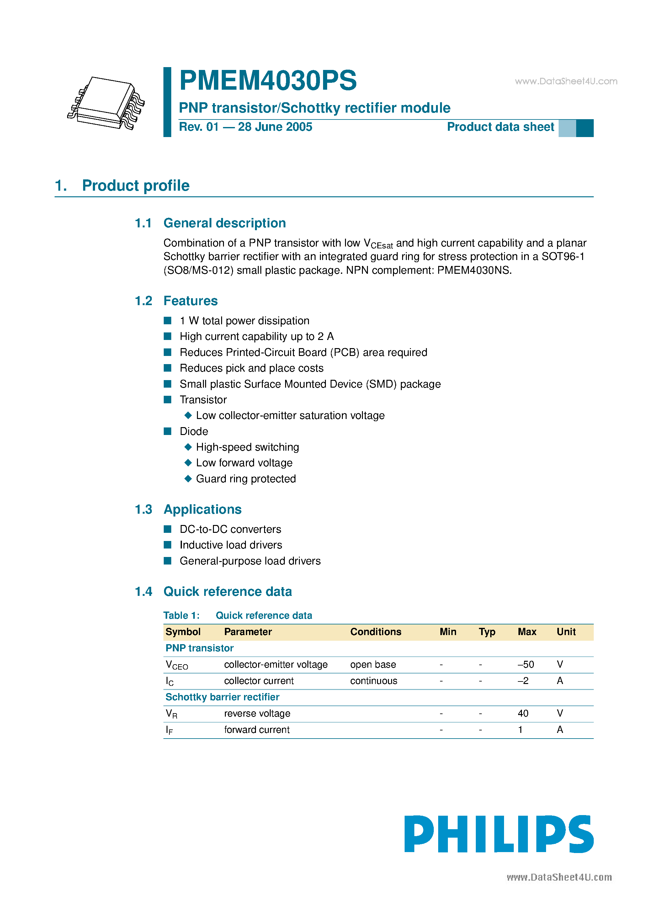 Даташит PMEM4030PS - PNP transistor/Schottky rectifier module Combination страница 1