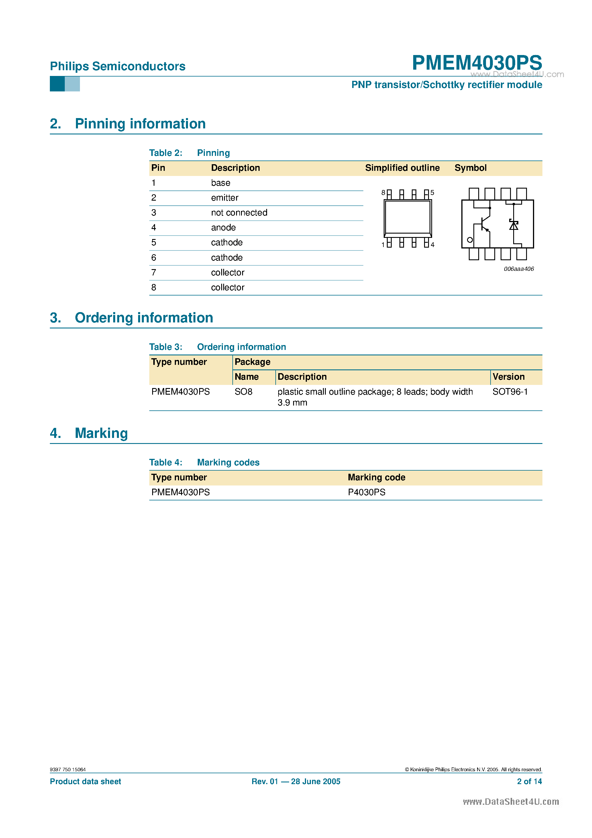 Даташит PMEM4030PS - PNP transistor/Schottky rectifier module Combination страница 2
