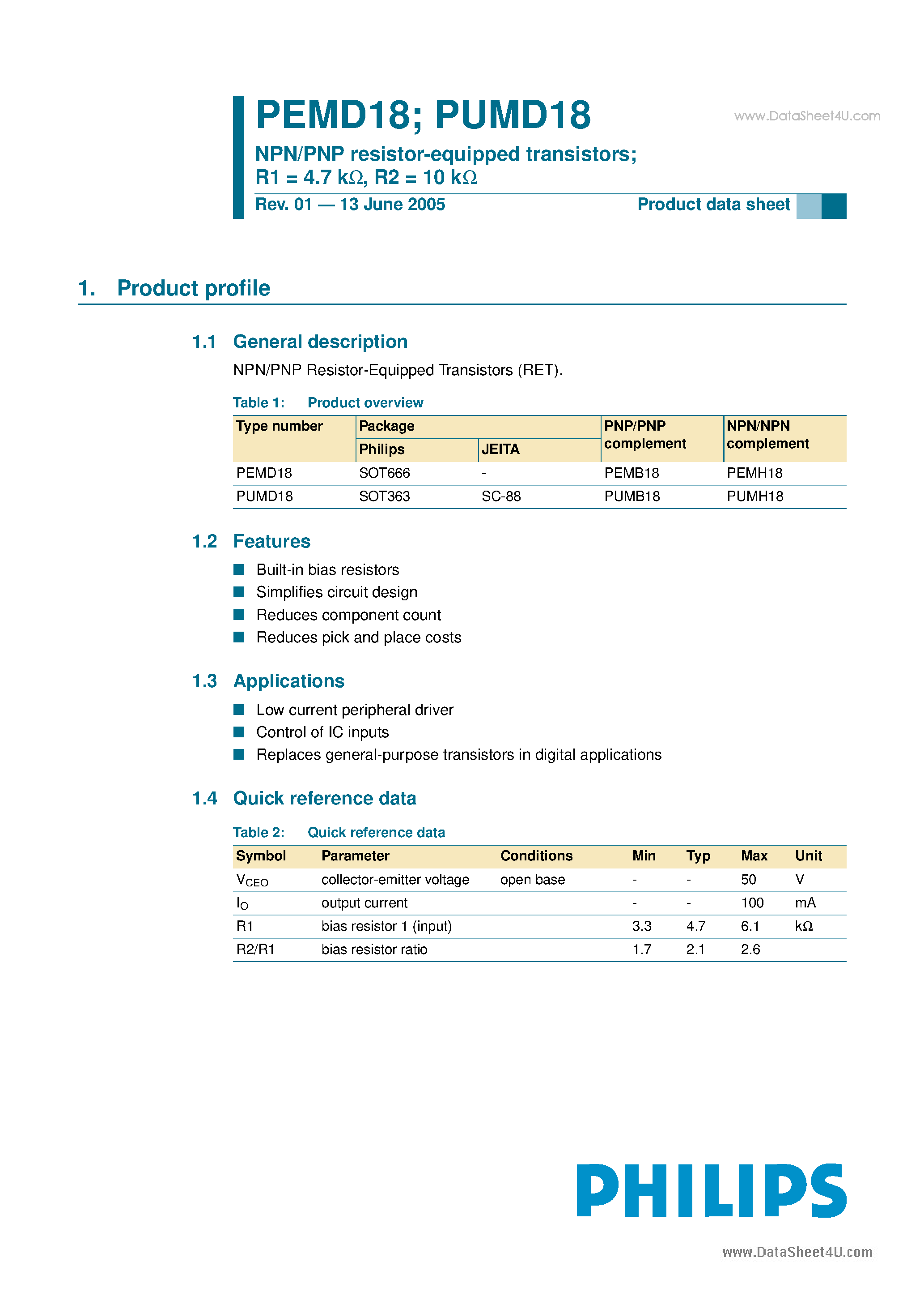 Datasheet PUMD18 - NPN/PNP resistor-equipped transistors page 1