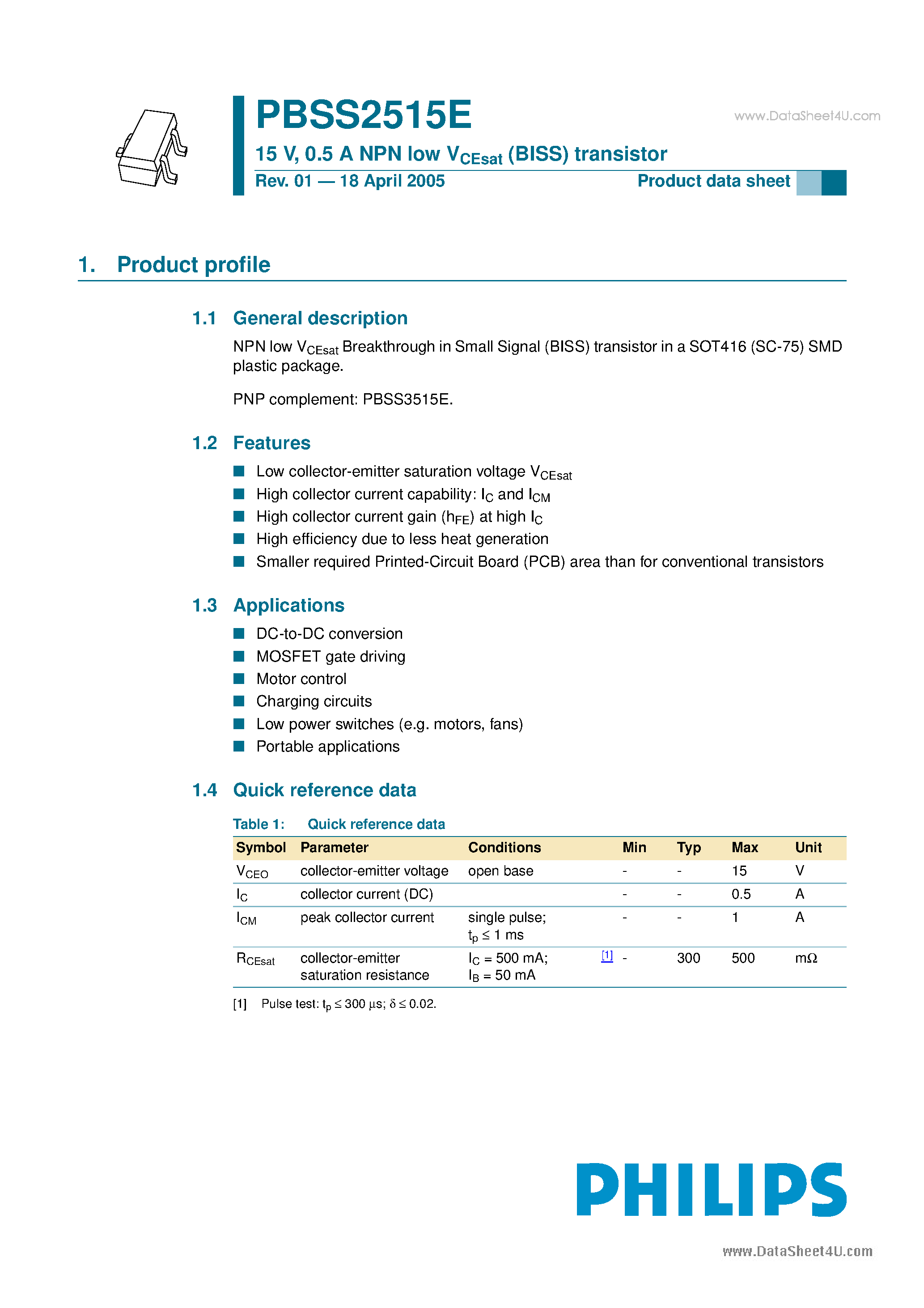 Datasheet PBSS2515E - 0.5A NPN low VCEsat (BISS) transistor page 1