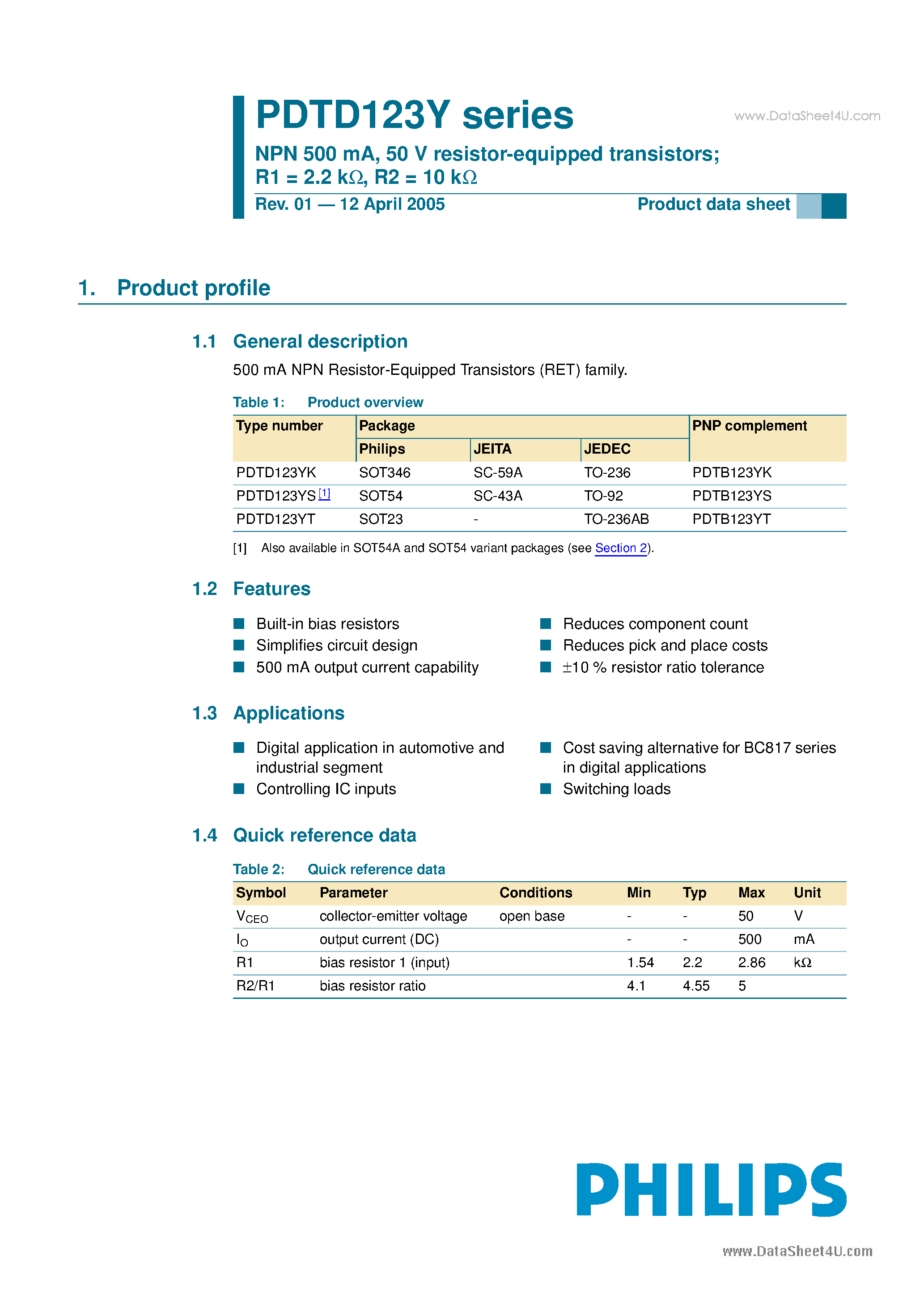 Datasheet PDTD123YK - 50V resistor-equipped transistors page 1