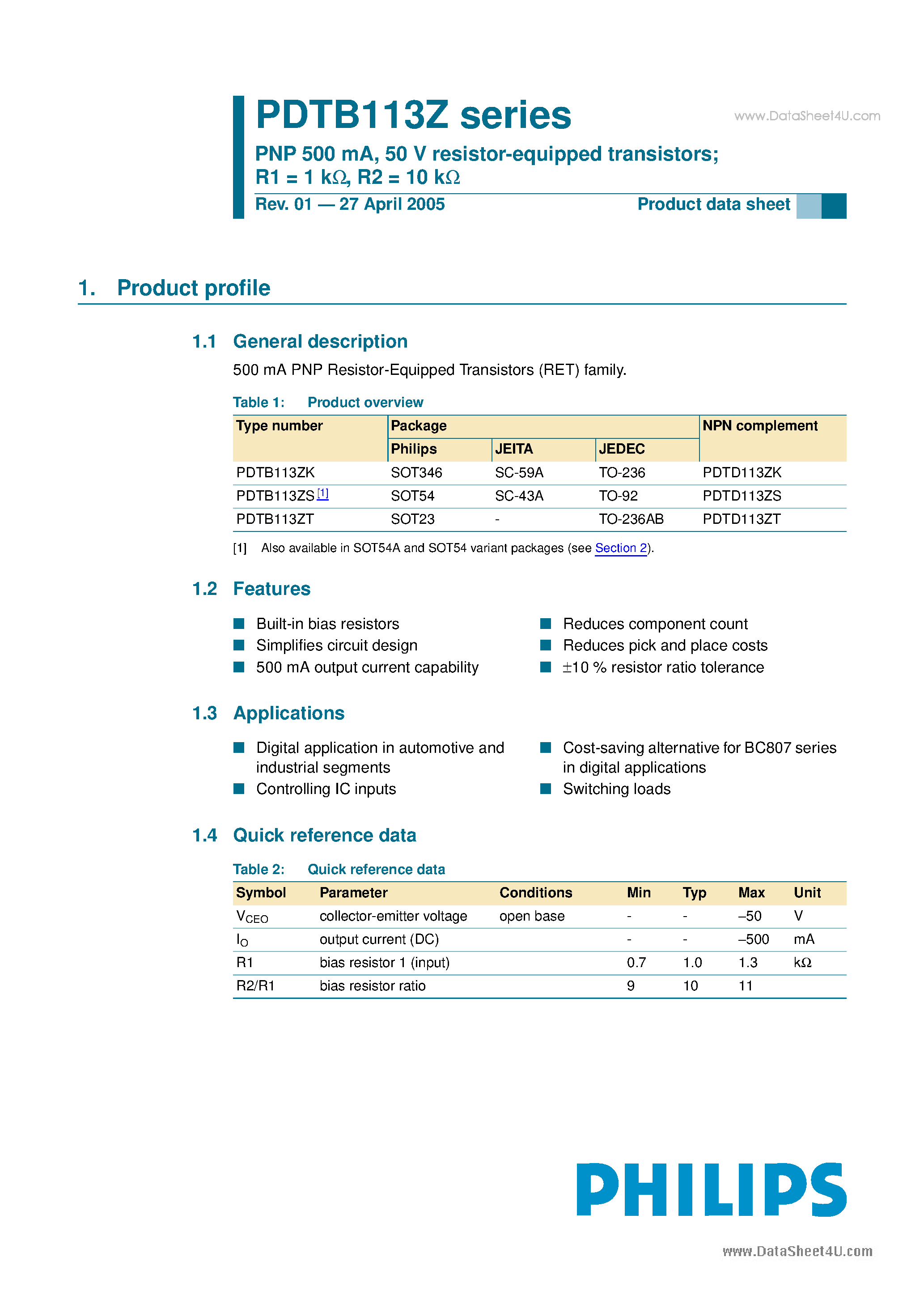 Datasheet PDTB113ZK - 50V resistor-equipped transistors page 1