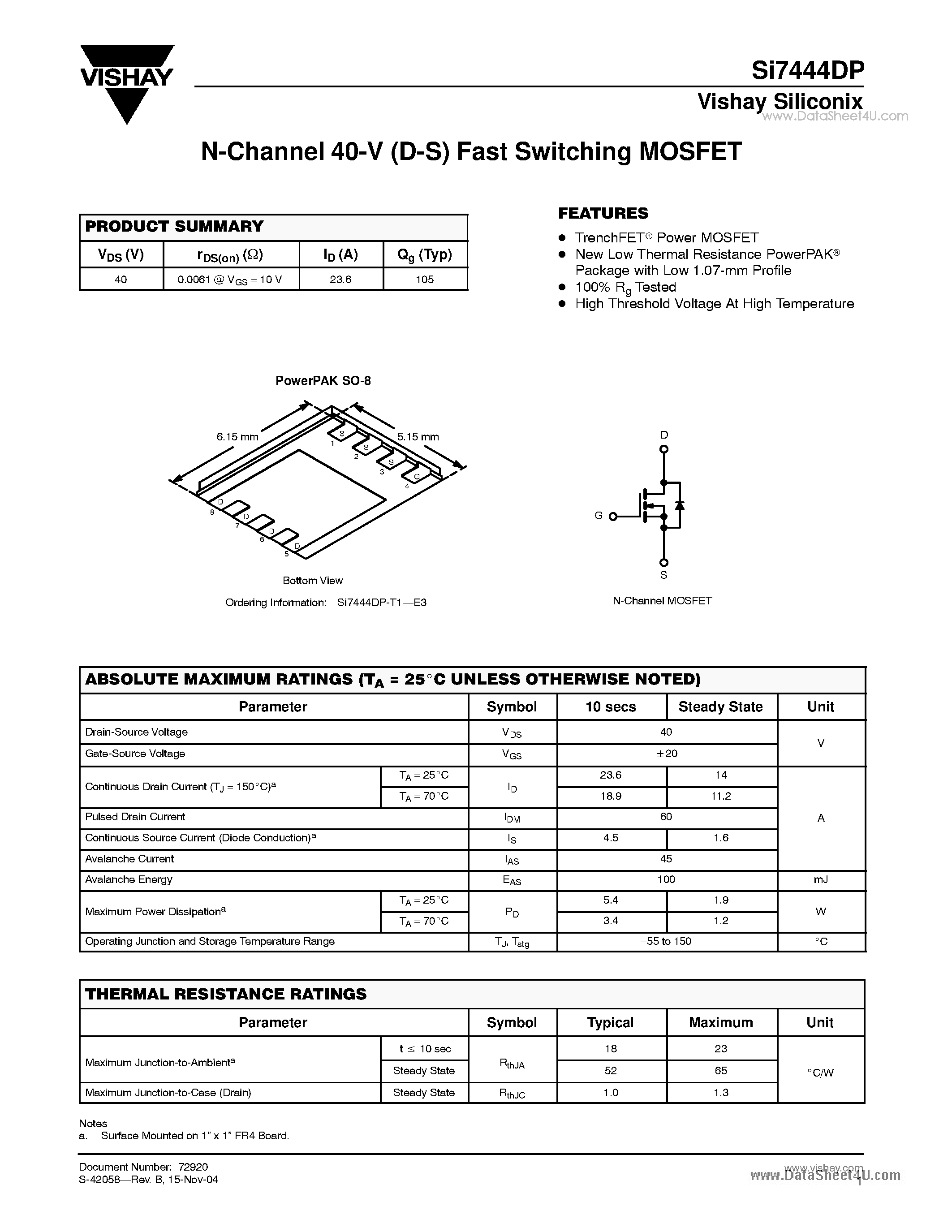 Даташит Si7444DP - N-Channel 40-V (D-S) Fast Switching MOSFET страница 1
