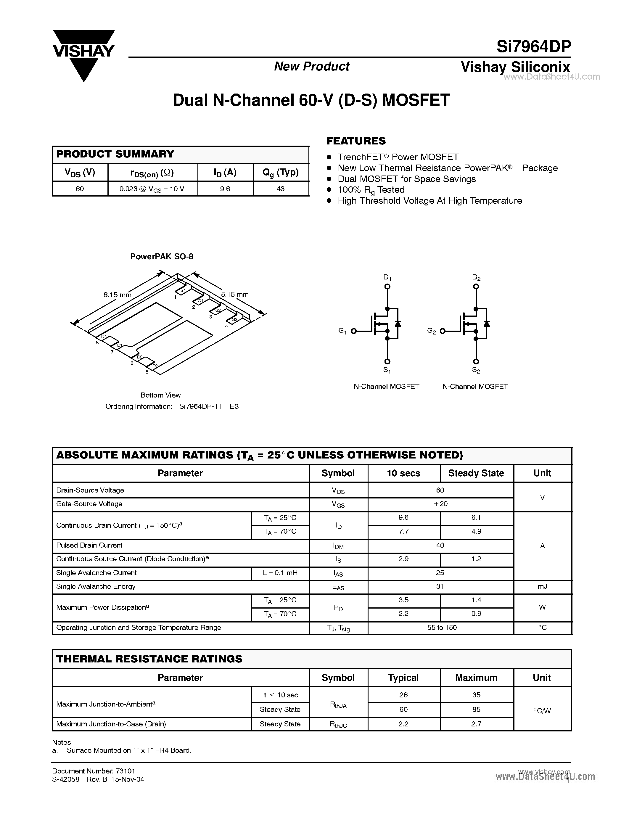 Даташит Si7964DP - Dual N-Channel 60-V (D-S) MOSFET страница 1