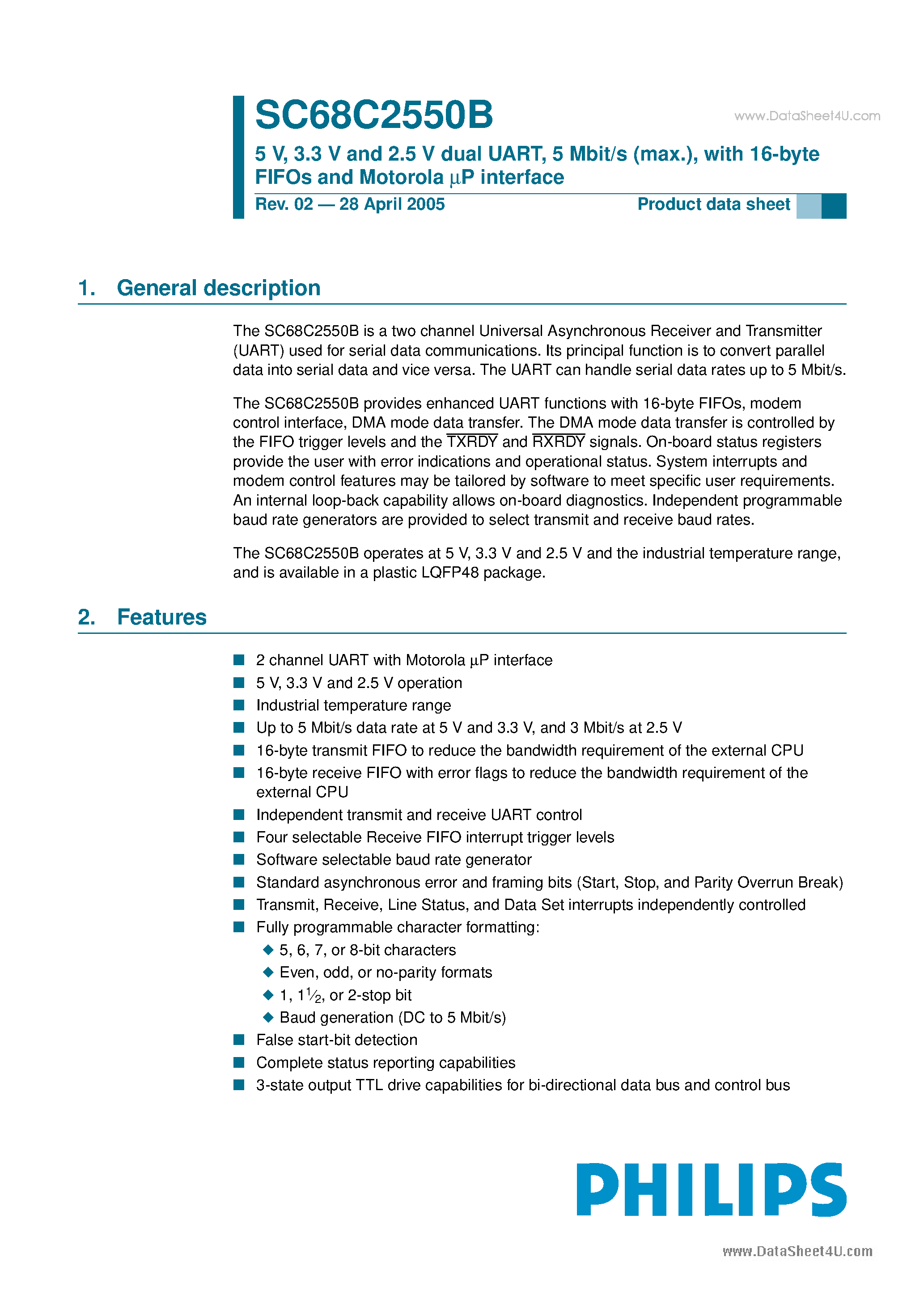 Datasheet SC68C2550B - 3.3 V and 2.5 V dual UART page 1