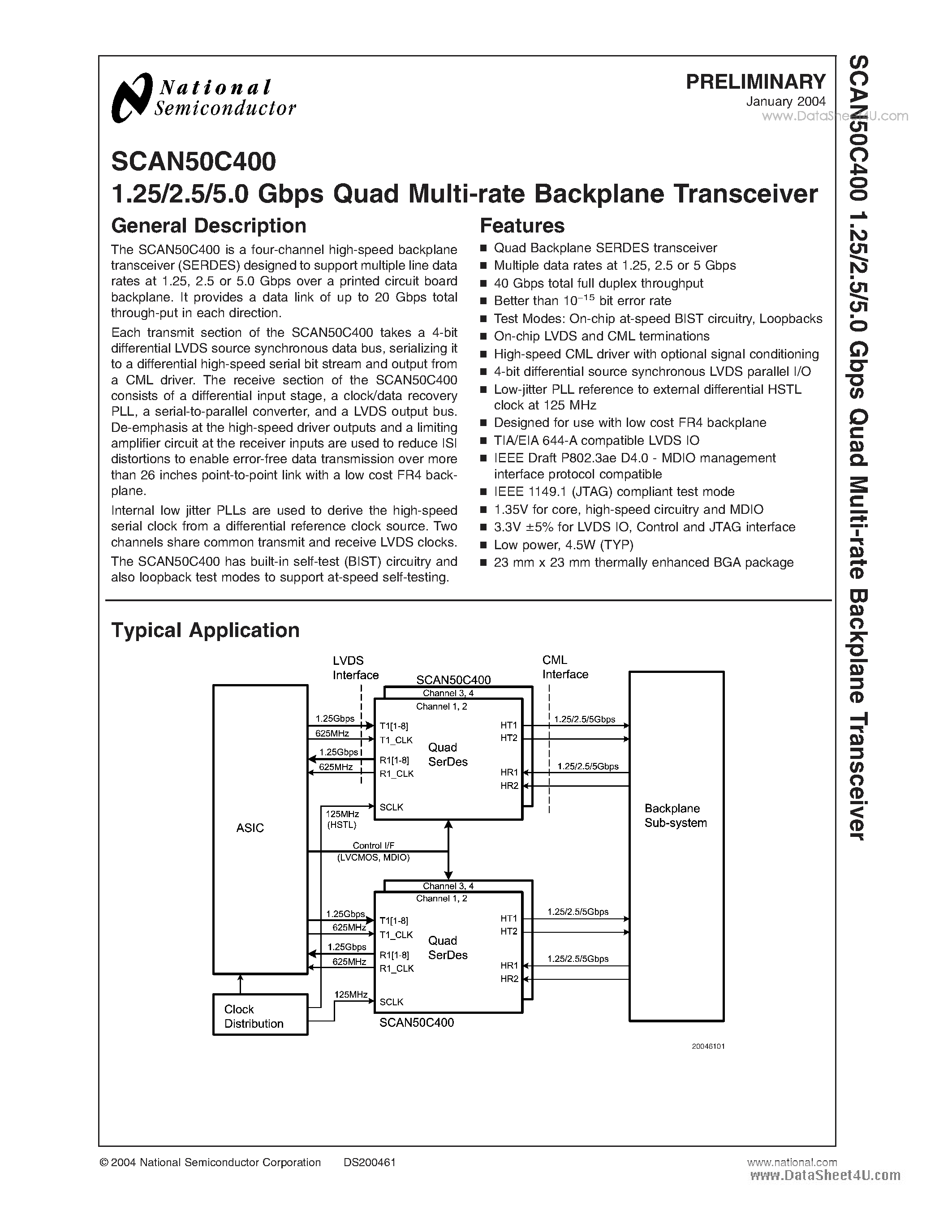 Datasheet SCAN50C400 - 1.25/2.5/5.0 GBPS Quad Multi-rate Backplane Transceiver page 1
