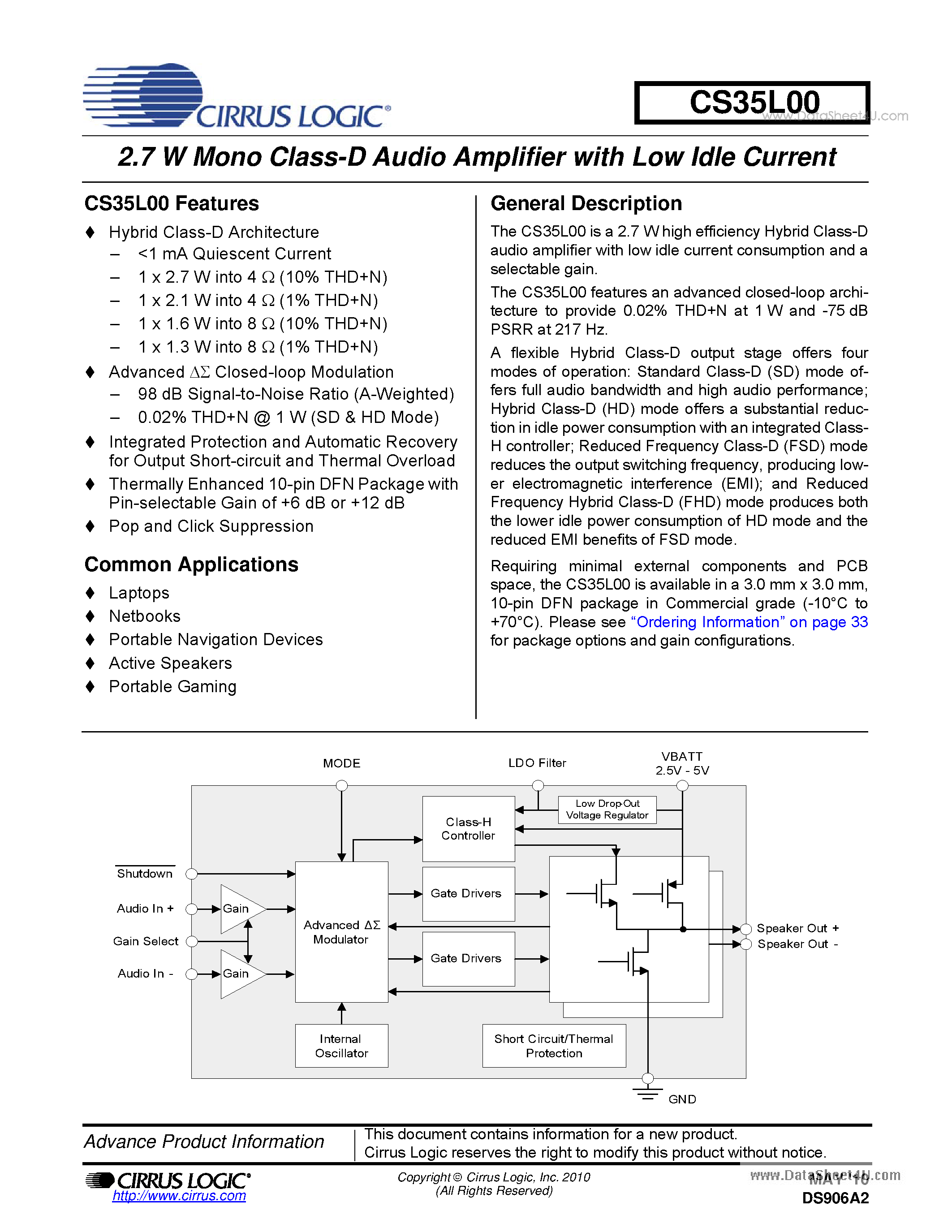 Даташит на микросхему CS35L00 страница 1 Даташит CS35L00 - 2.7 W Mono Class-D Audio Amplifier страница 1