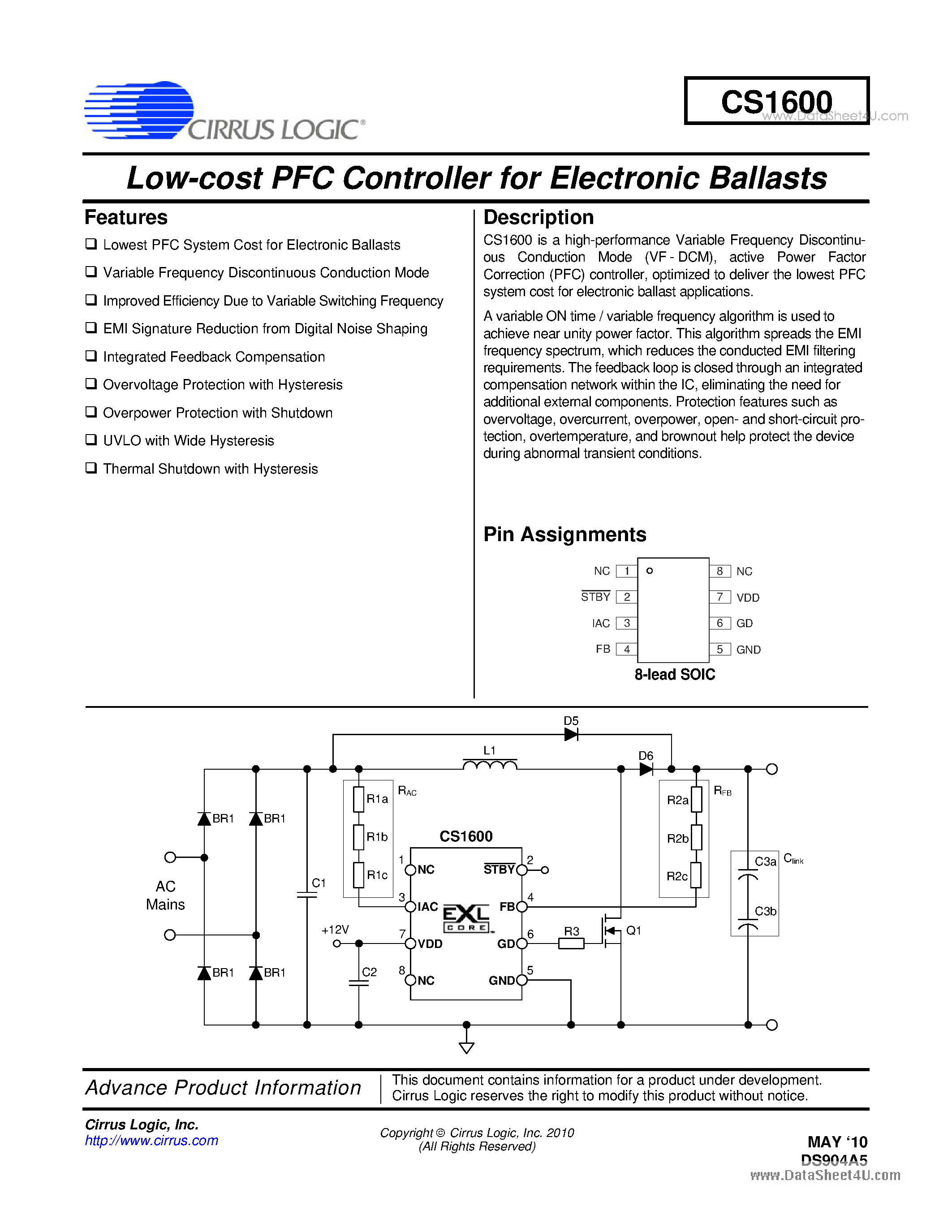 Даташит на микросхему CS1600 страница 1 Даташит CS1600 - Low-cost PFC Controller страница 1