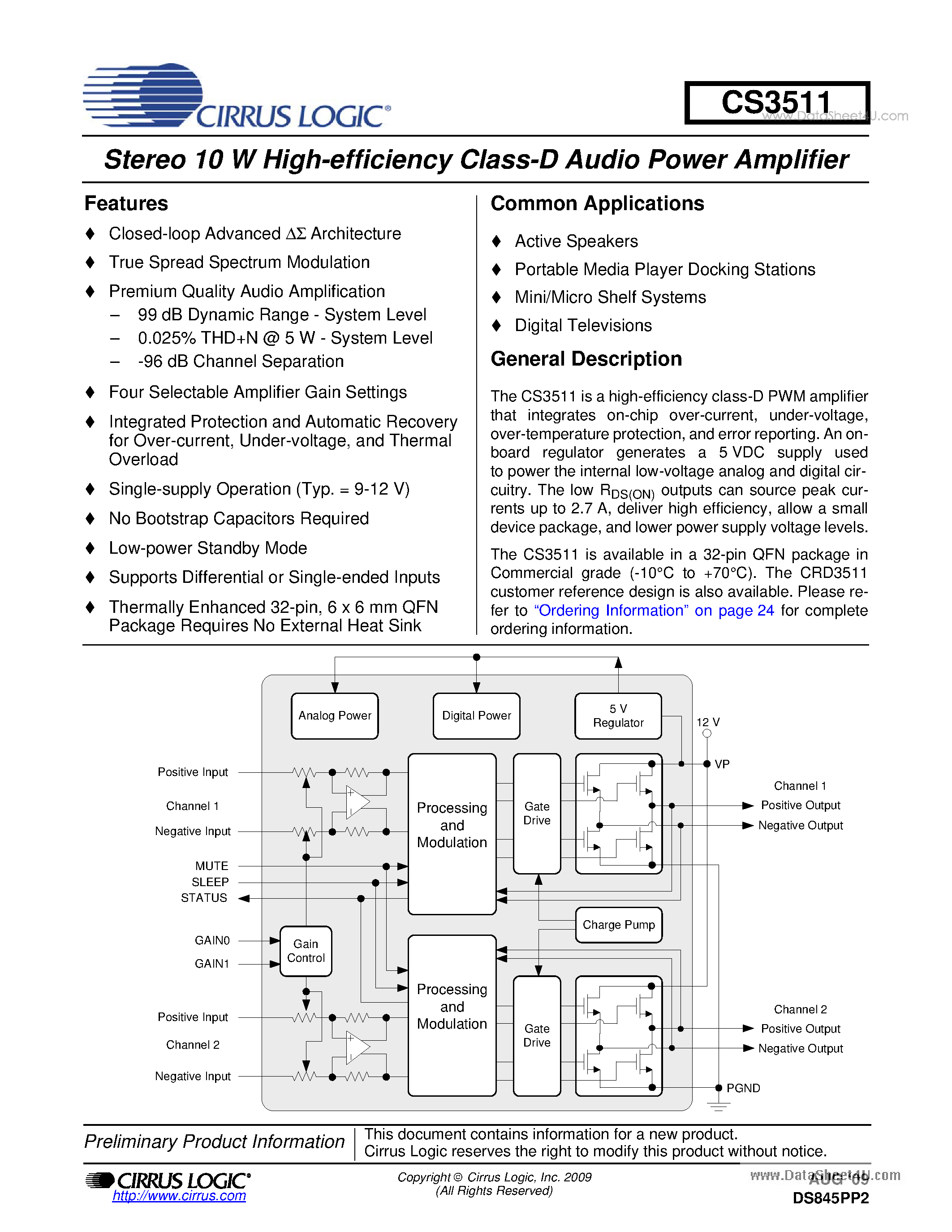 Datasheet CRD3511 - Stereo 10 W High-efficiency Class-D Audio Power Amplifier page 1