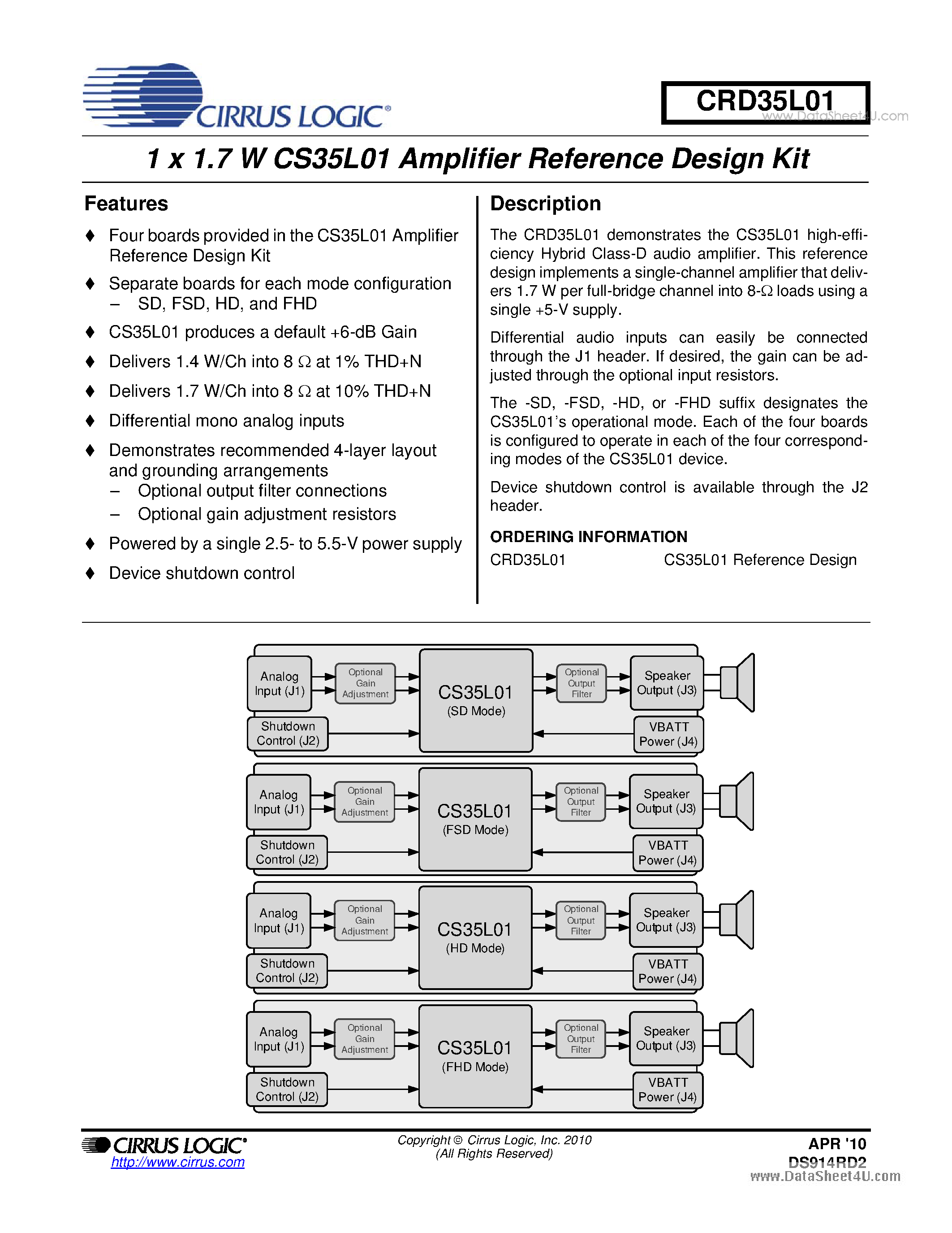 Datasheet CRD35L01 page 1 Datasheet CRD35L01 - 1 x 1.7 W CS35L01 Amplifier Reference Design Kit page 1
