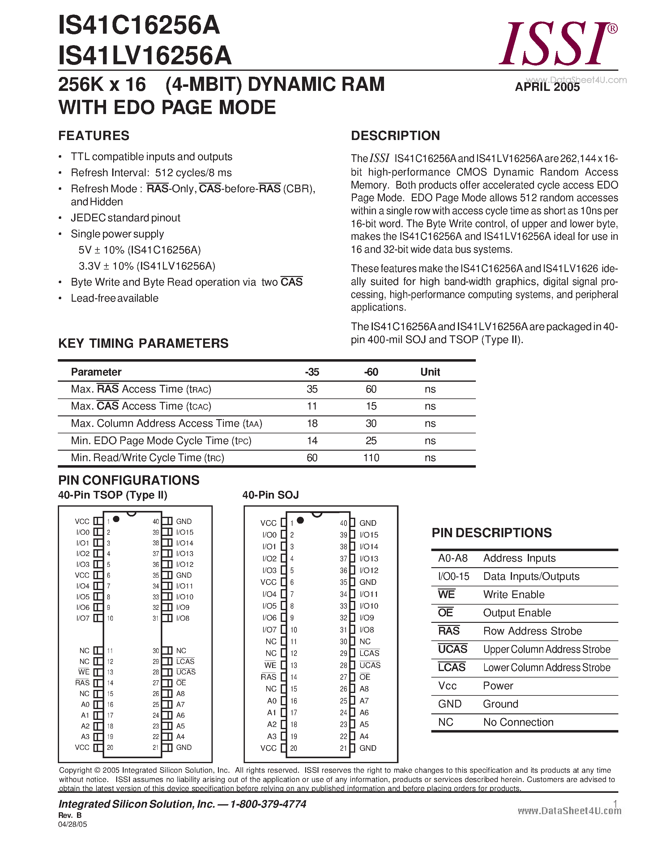 Даташит IS41LV16256A - 256K x 16 (4-MBIT) DYNAMIC RAM страница 1