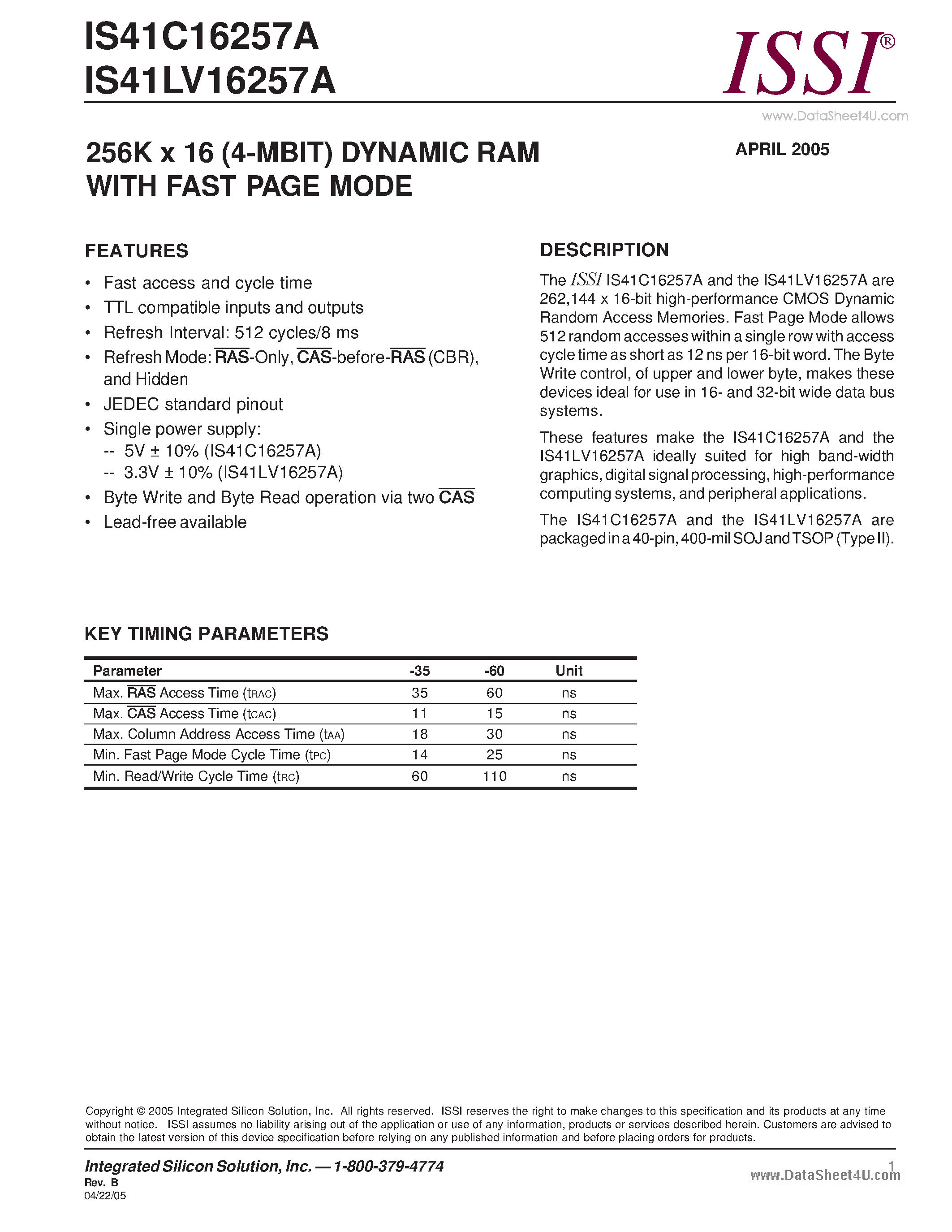 Datasheet IS41C16257A - 256K x 16 (4-MBIT) DYNAMIC RAM page 1