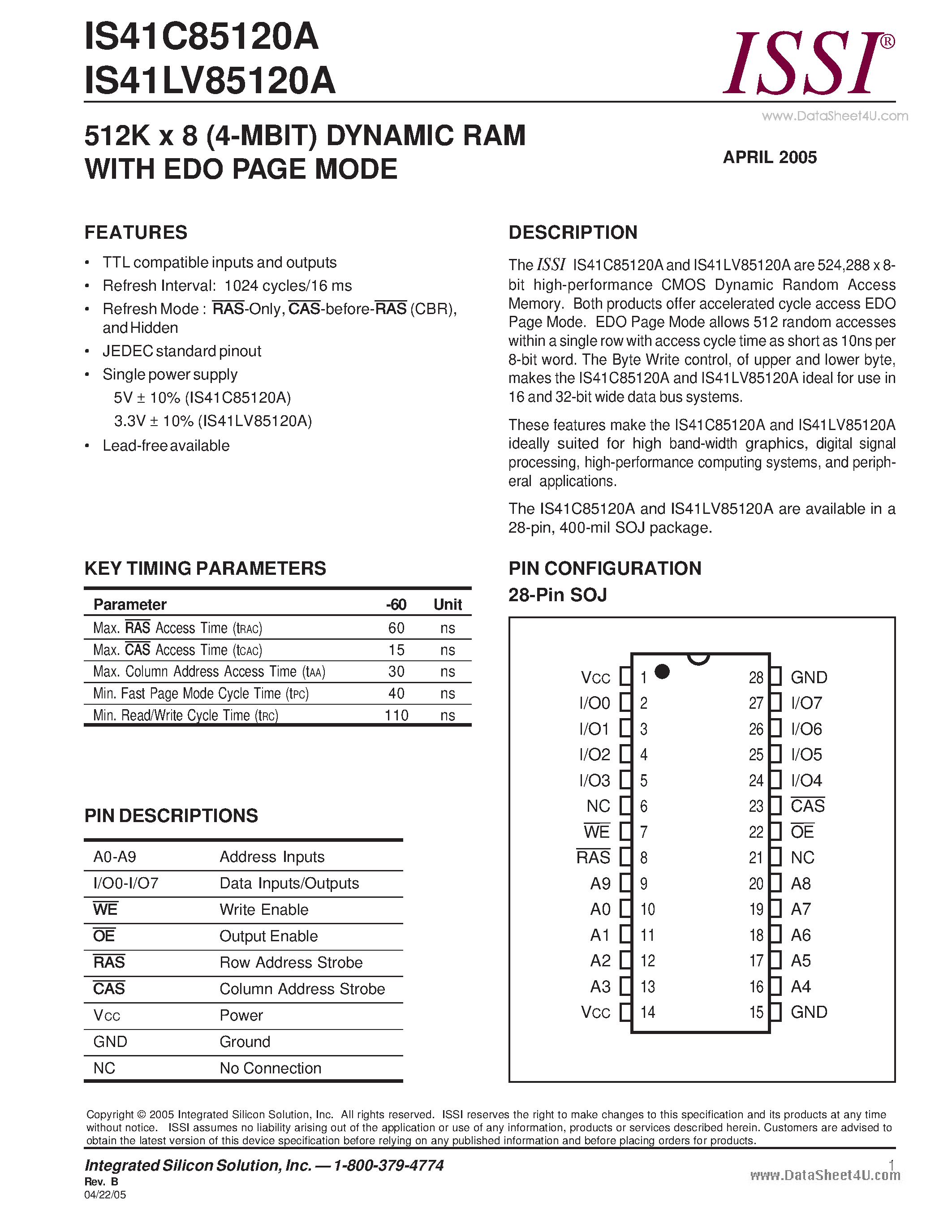 Datasheet IS41C85120A - 512K x 8 (4-MBIT) DYNAMIC RAM page 1