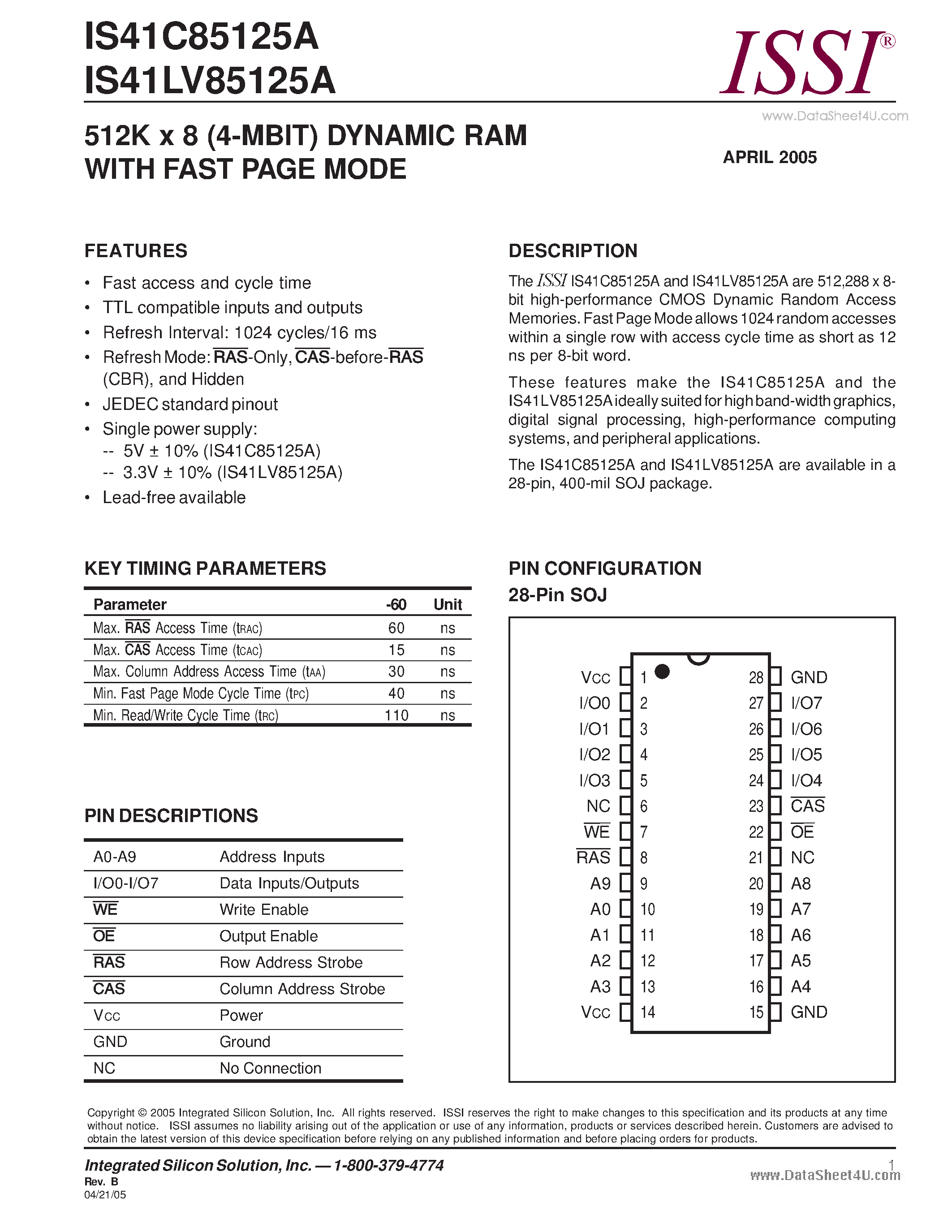 Datasheet IS41C85125A - 512K x 8 (4-MBIT) DYNAMIC RAM page 1