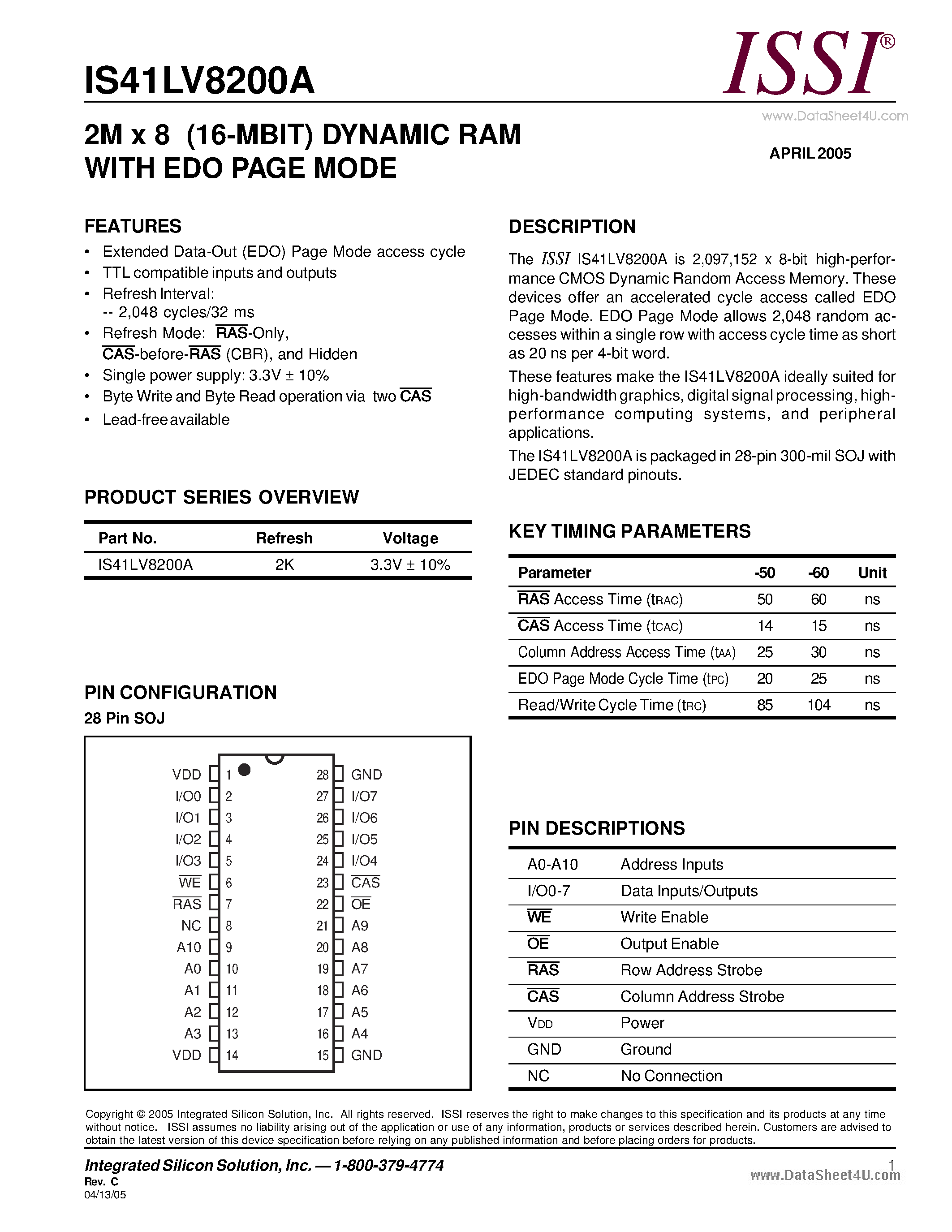 Даташит IS41LV8200A - 2M x 8 (16-MBIT) DYNAMIC RAM страница 1