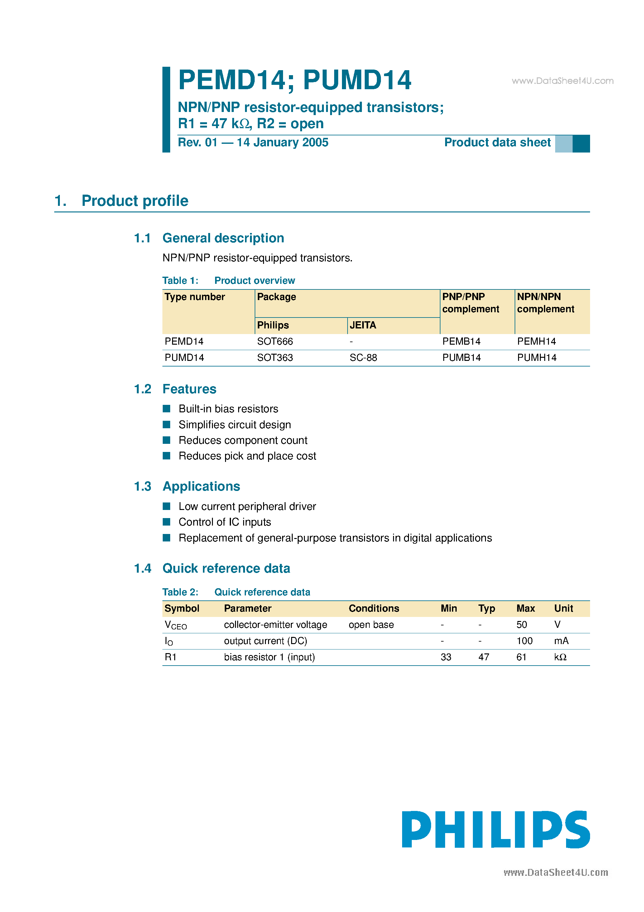 Datasheet PUMD14 - NPN/PNP resistor-equipped transistors page 1