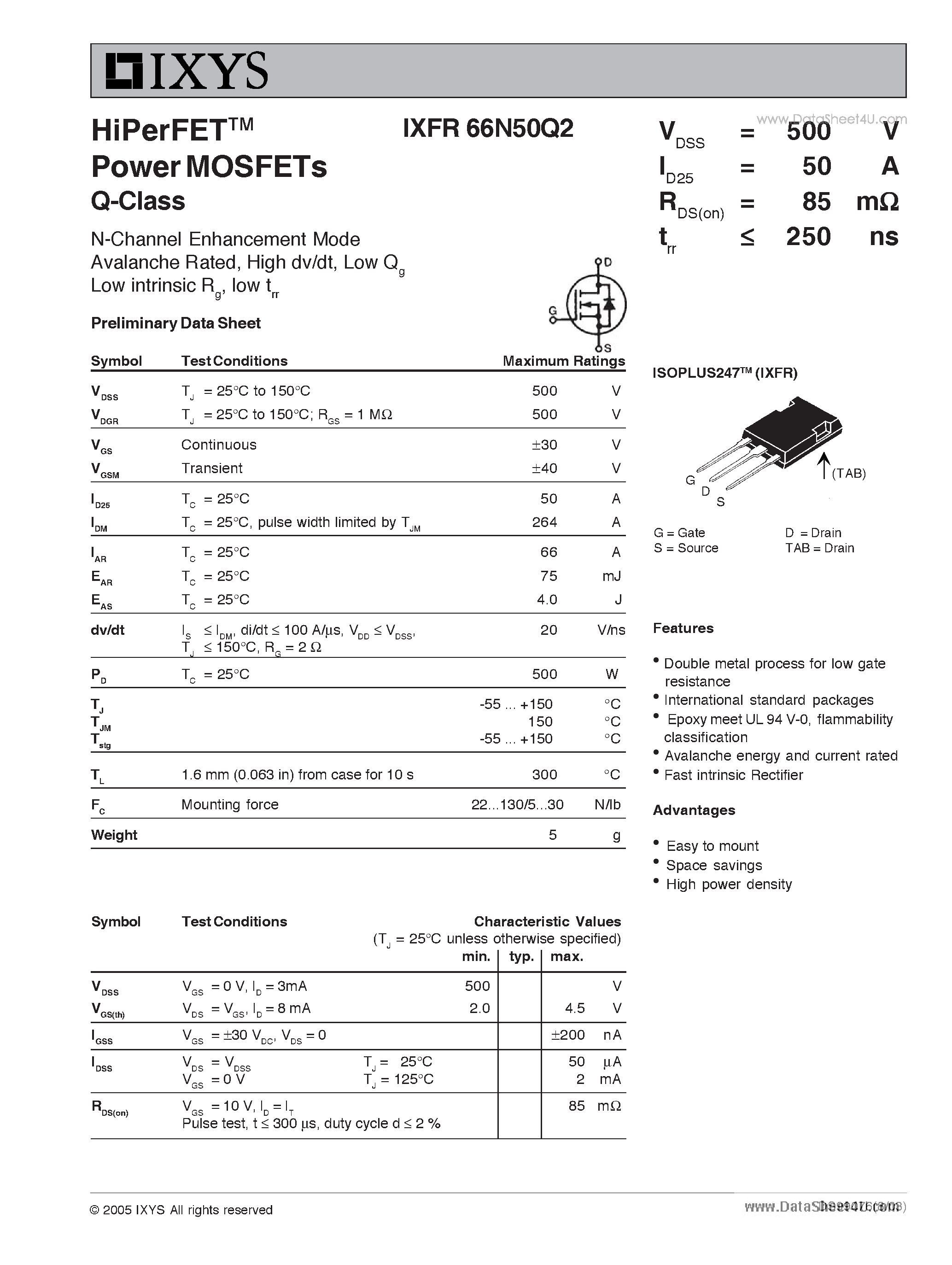 Datasheet IXFR66N50Q2 page 1 Datasheet IXFR66N50Q2 - HiPerFET Power MOSFETs Q-Class page 1