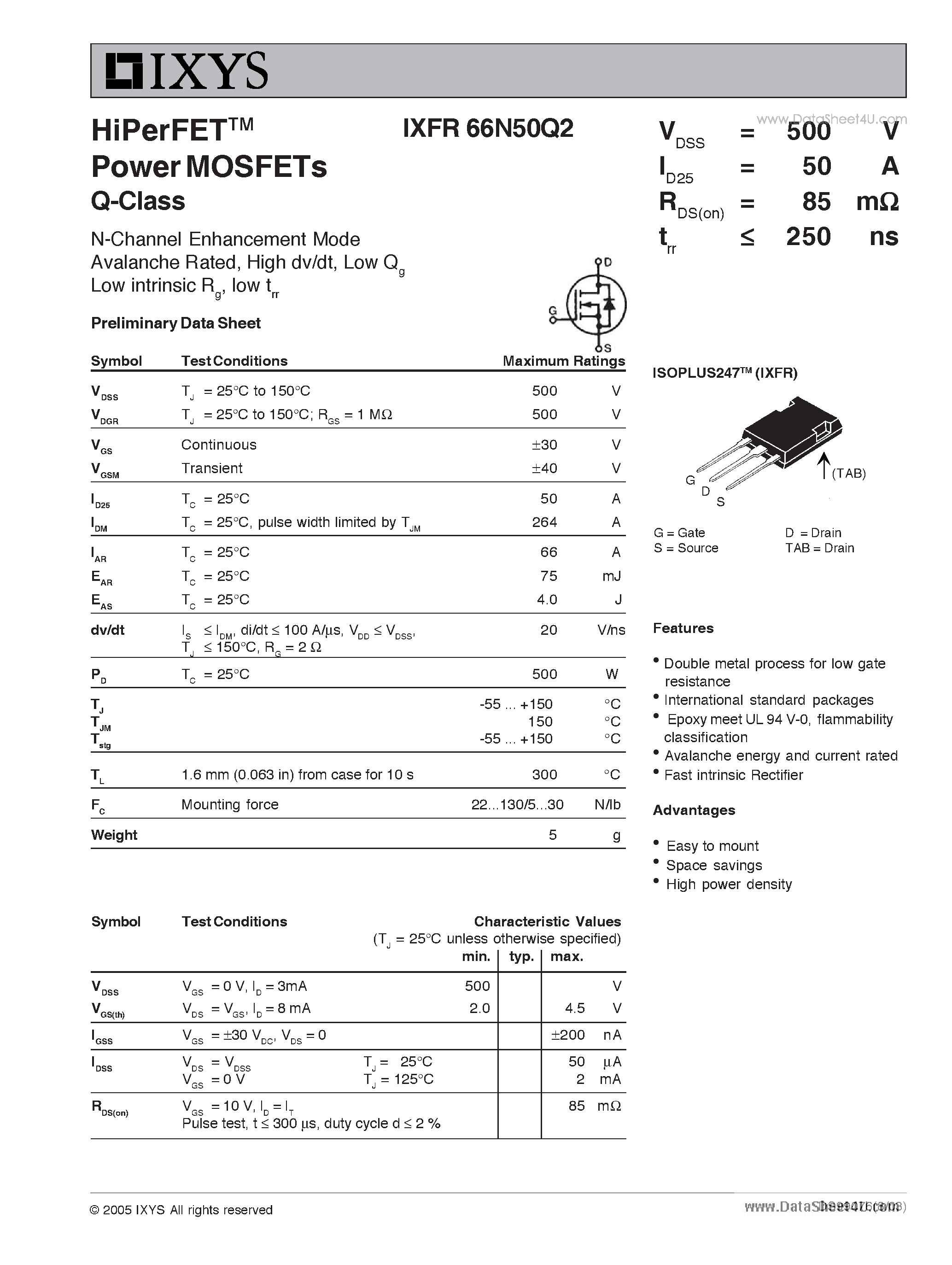 Даташит IXFR66N50Q2 - HiPerFET Power MOSFETs Q-Class страница 1