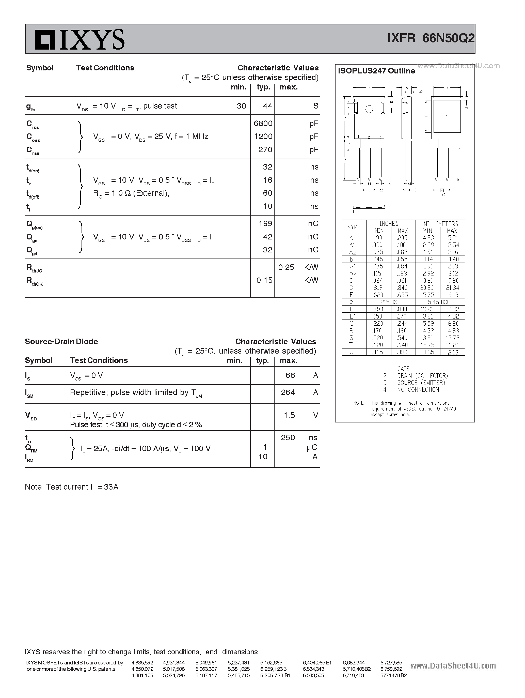 Даташит IXFR66N50Q2 - HiPerFET Power MOSFETs Q-Class страница 2