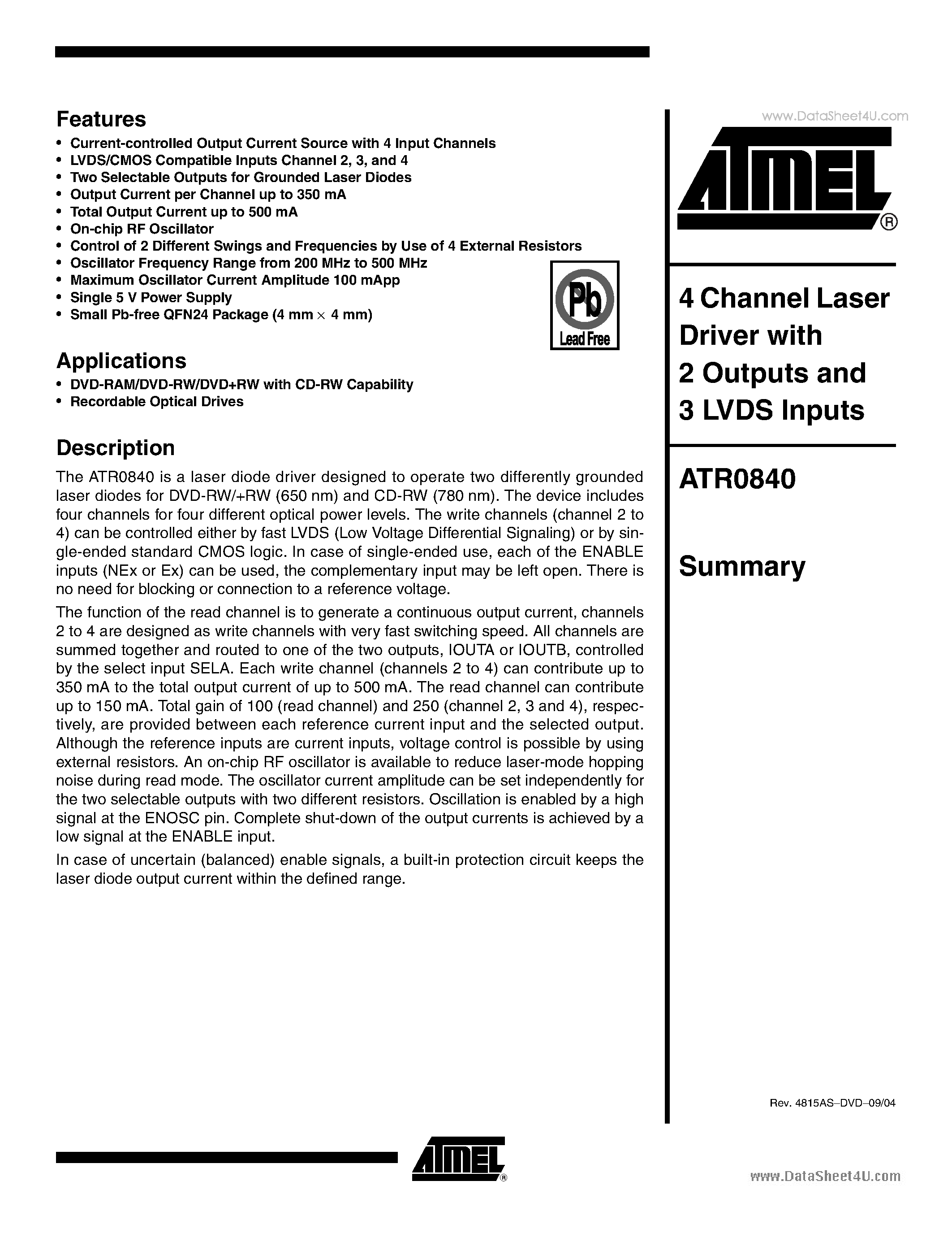 Datasheet ATR0840 - 4-channel Laser Driver page 1