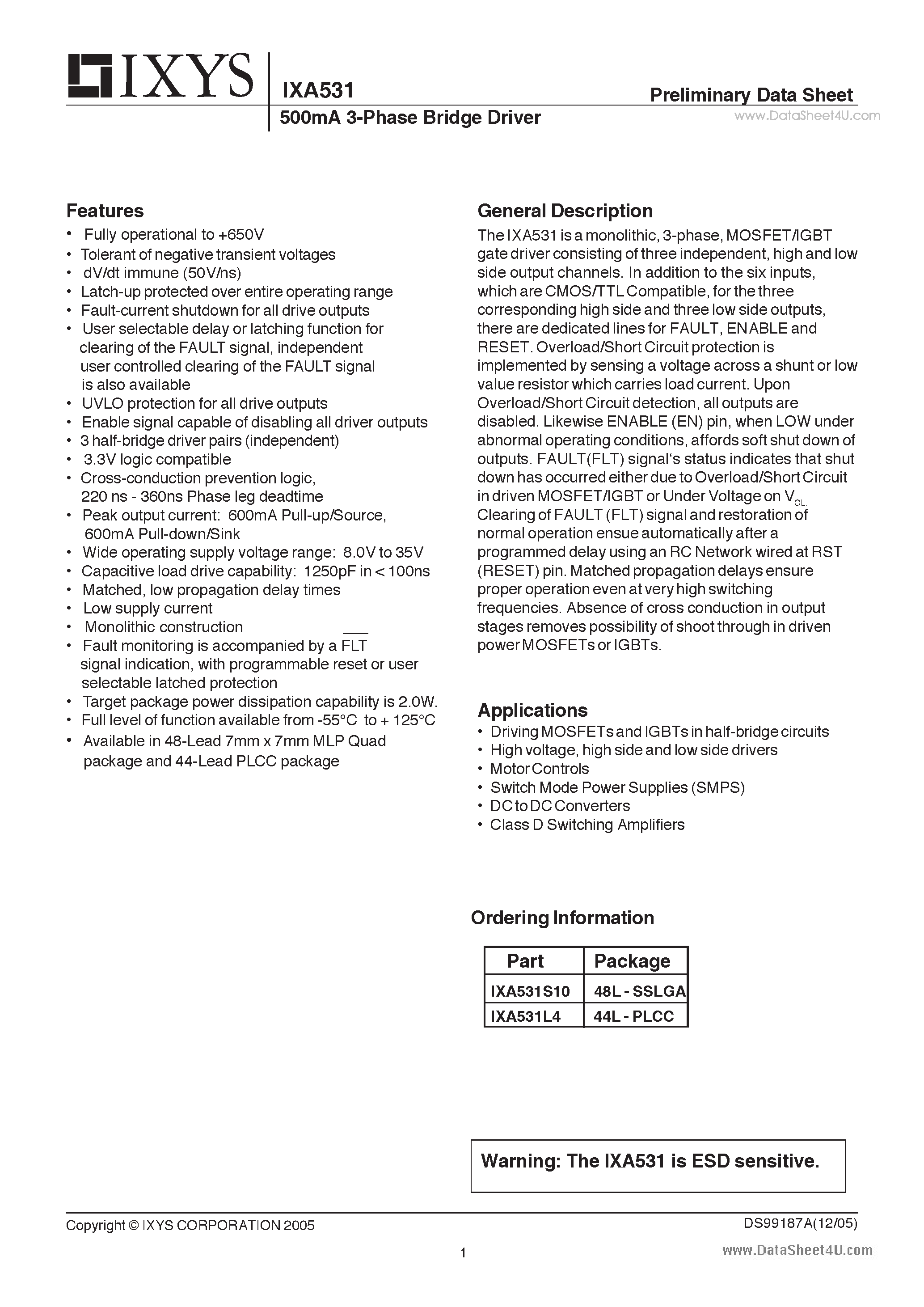 Datasheet IXA531 - 500mA 3-Phase Bridge Driver page 1