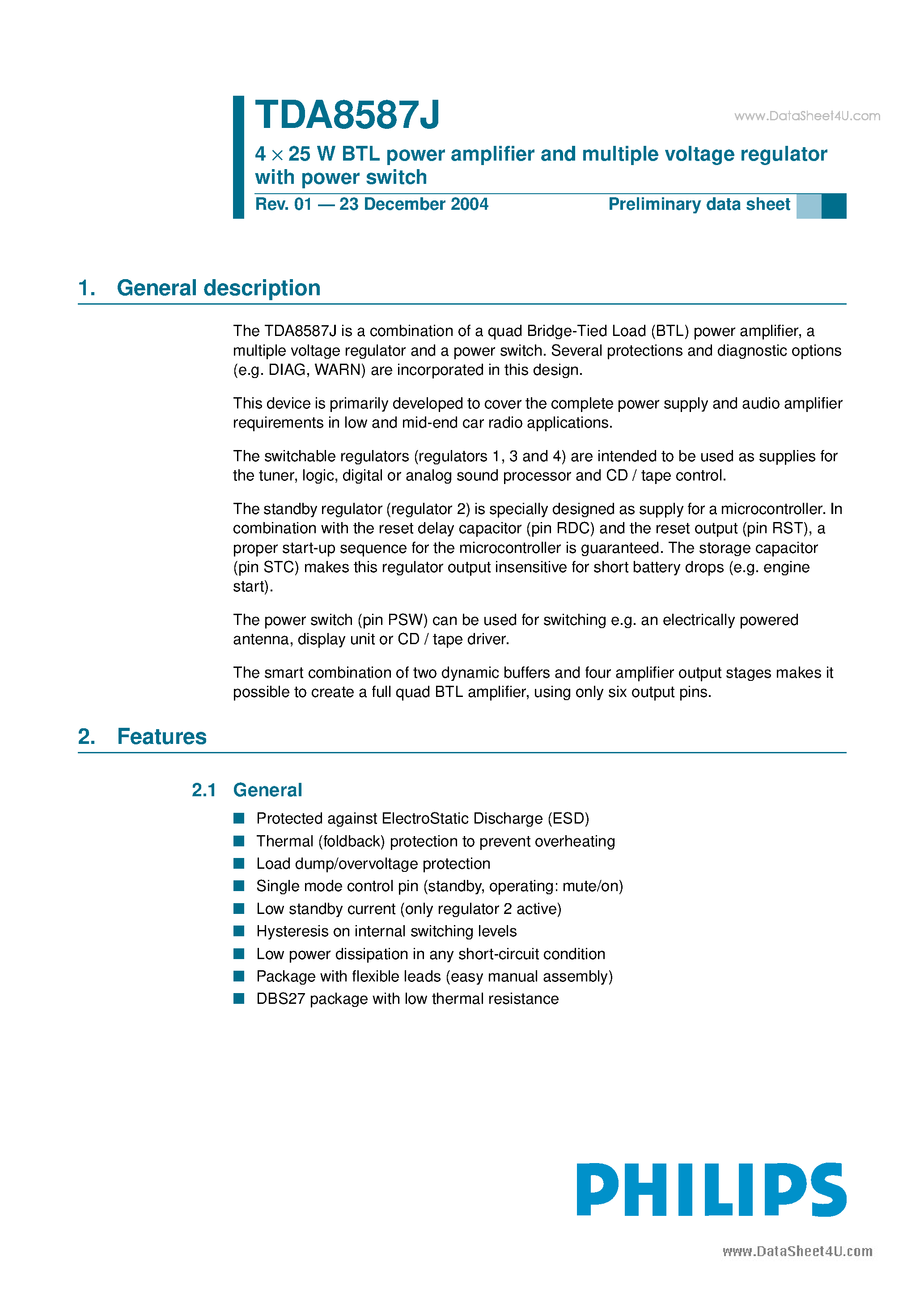 Datasheet TDA8587J - 4 x 25 W BTL power amplifier page 1