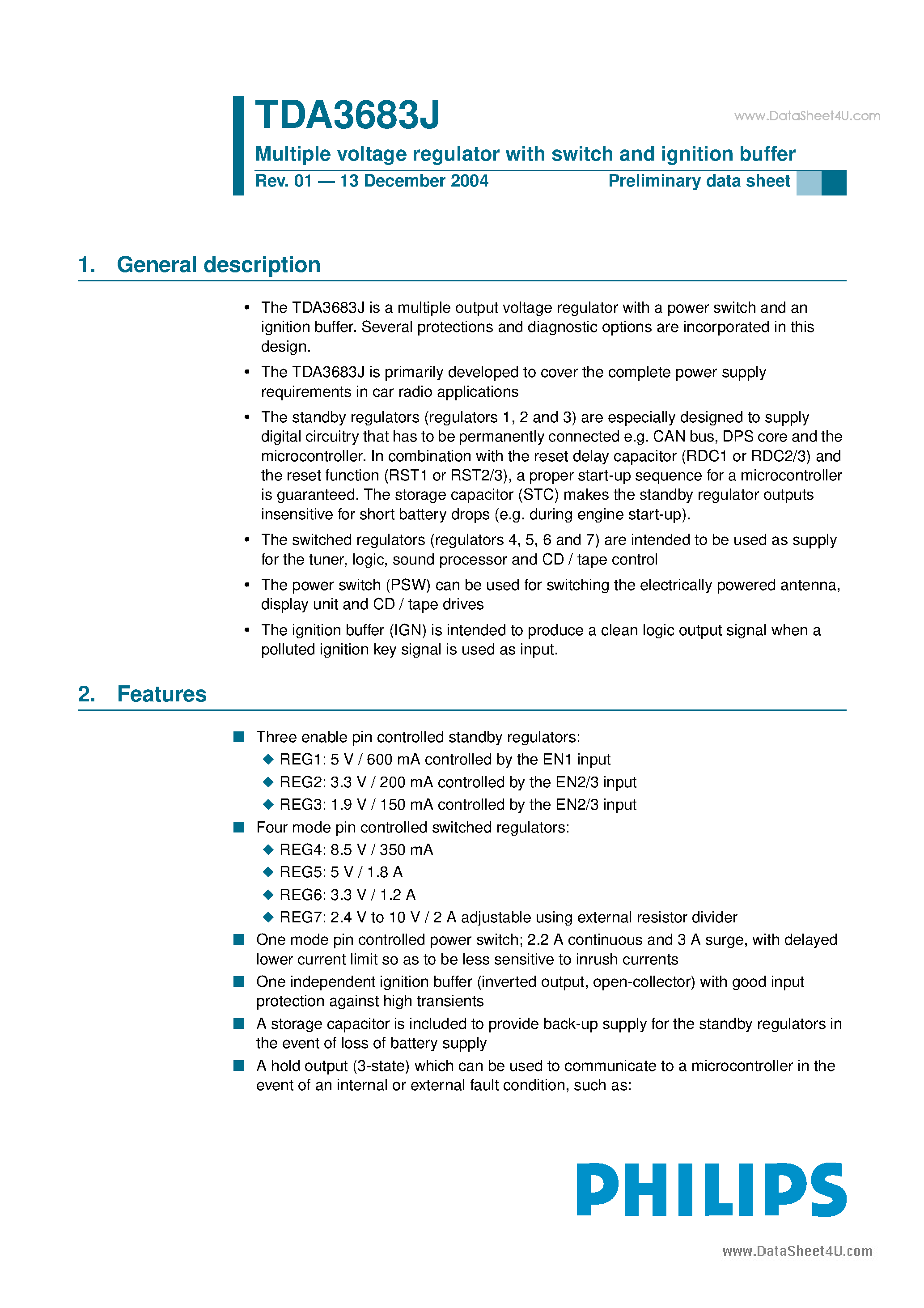Datasheet TDA3683J - Multiple voltage regulator page 1