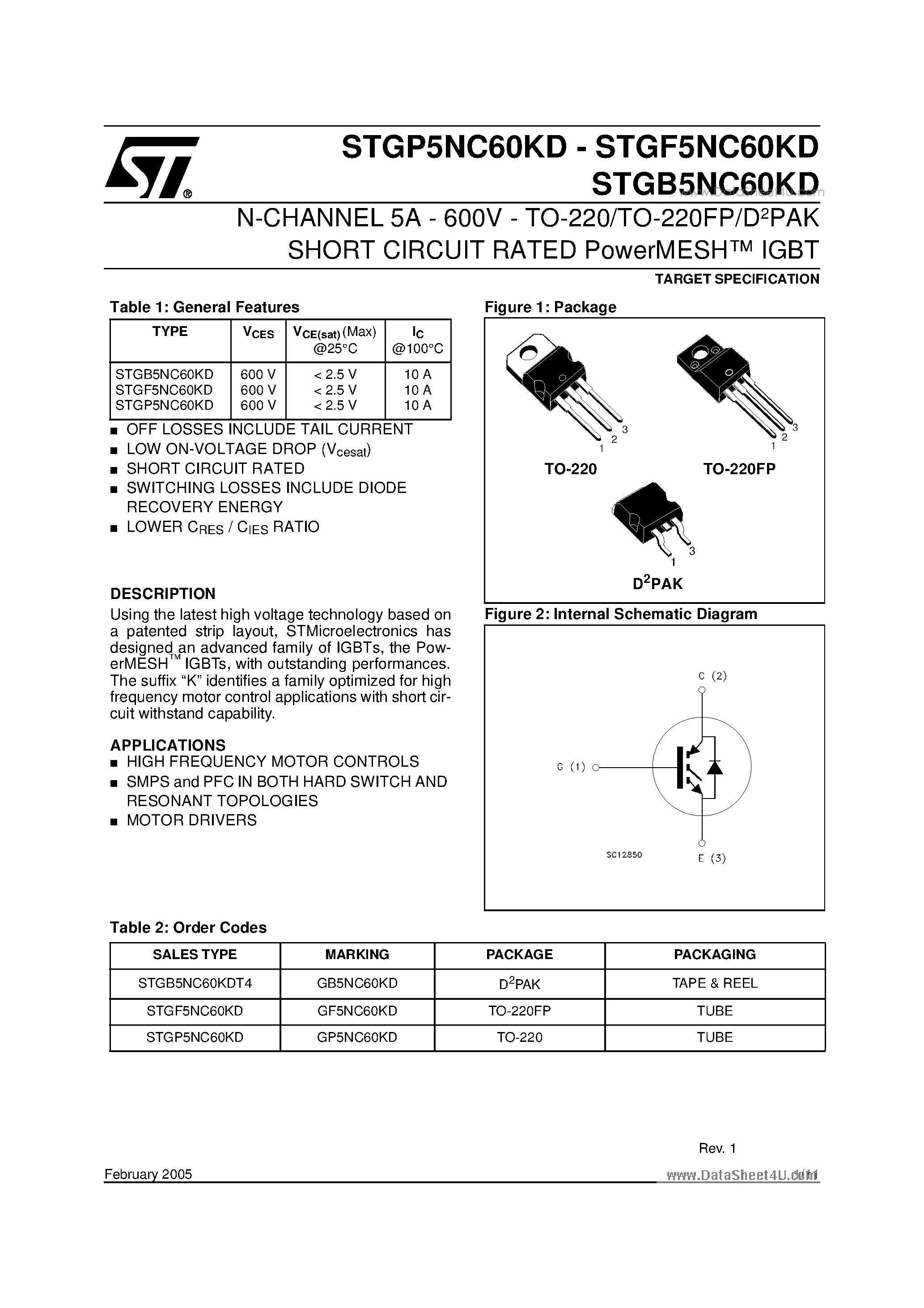 Datasheet STGB5NC60KD - N-CHANNEL 5A - 600V - TO-220/TO-220FP/D2PAK SHORT CIRCUIT RATED PowerMESH IGBT page 1