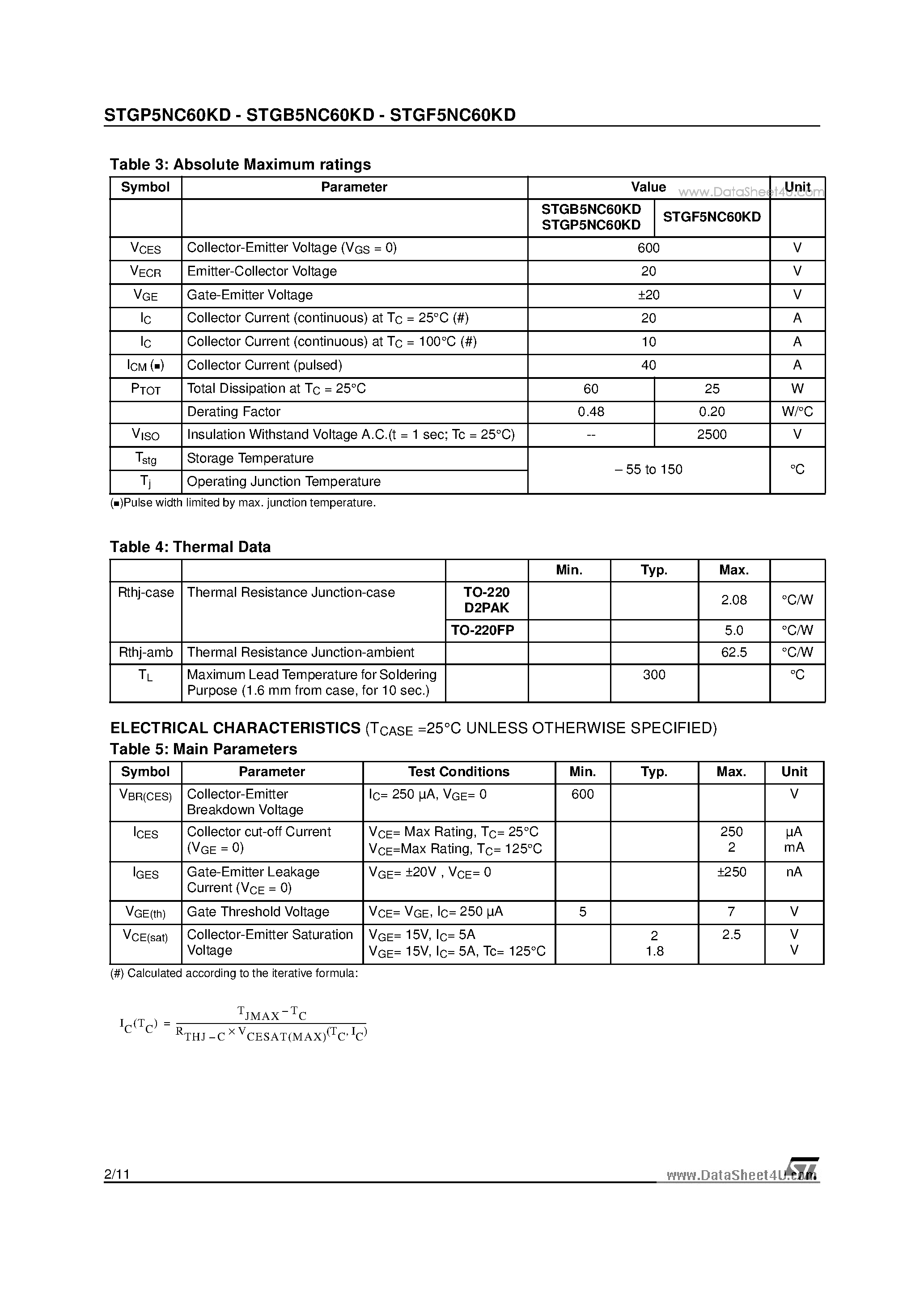 Datasheet STGB5NC60KD - N-CHANNEL 5A - 600V - TO-220/TO-220FP/D2PAK SHORT CIRCUIT RATED PowerMESH IGBT page 2