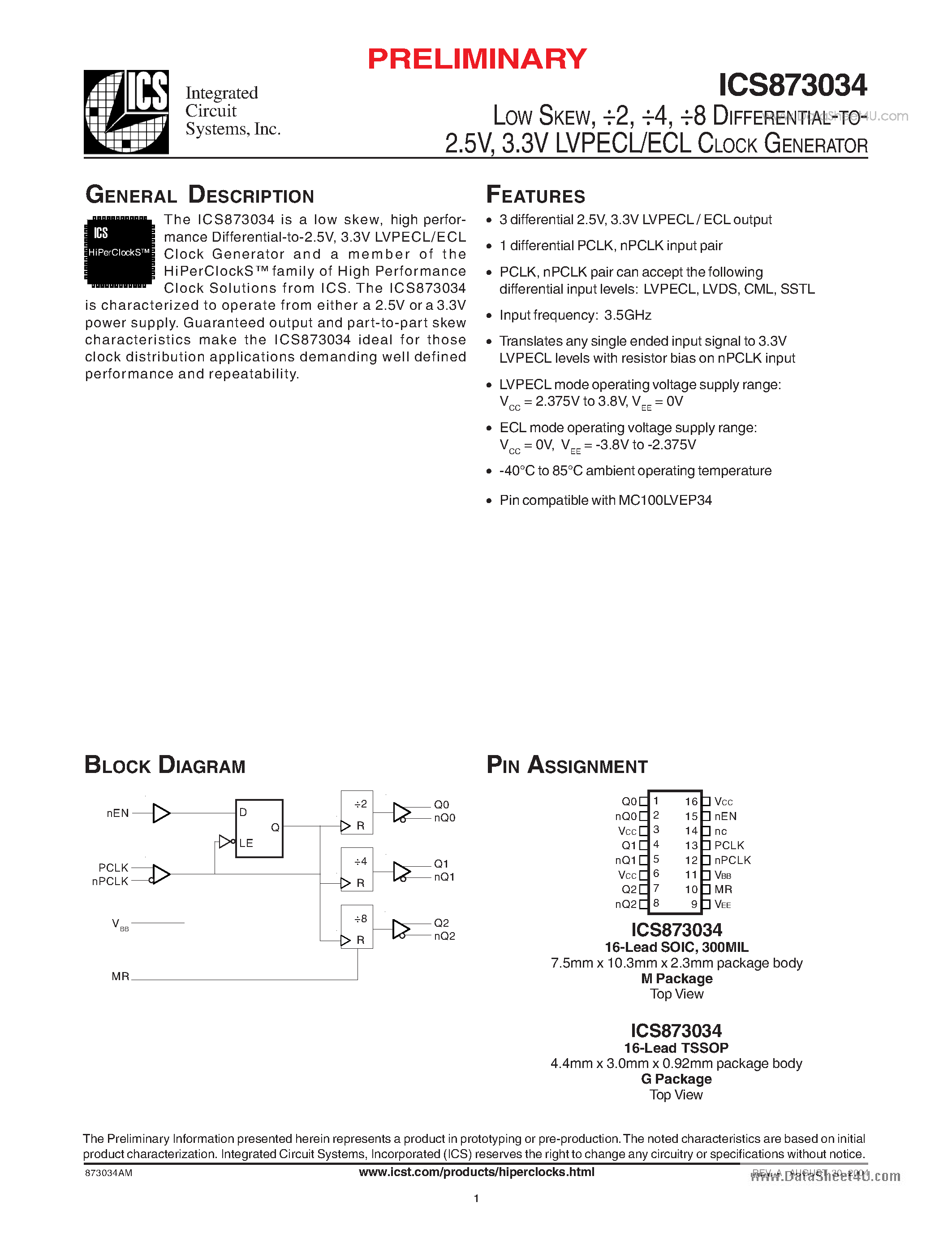 Даташит ICS873034 - 3.3V LVPECL/ECL CLOCK GENERATOR страница 1