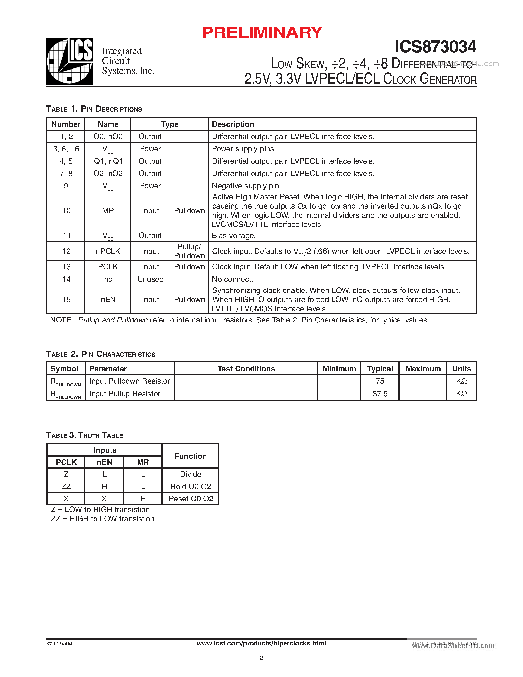 Даташит ICS873034 - 3.3V LVPECL/ECL CLOCK GENERATOR страница 2