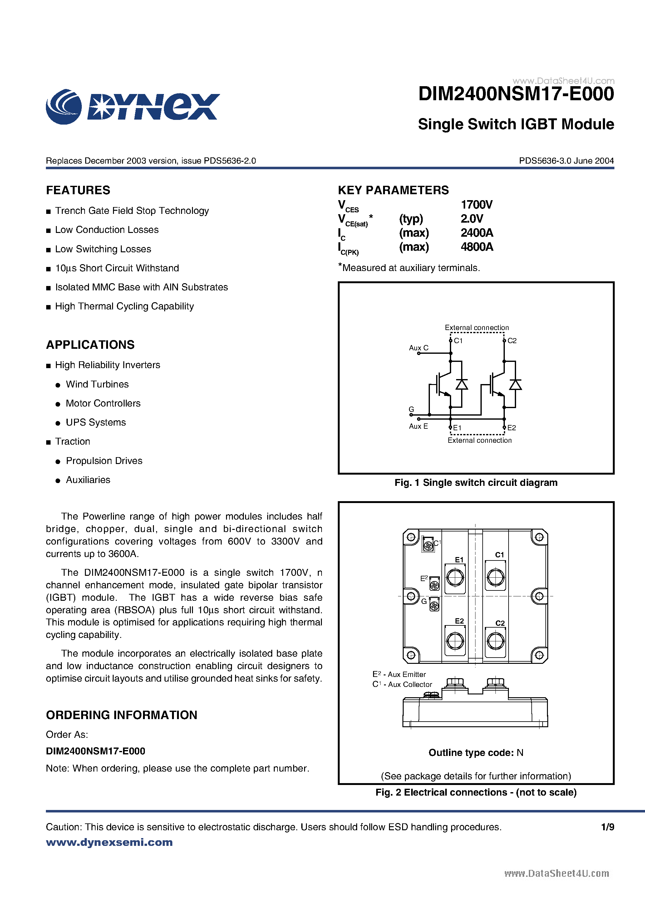 Даташит DIM2400NSM17-E000 - Single Switch IGBT Module страница 1