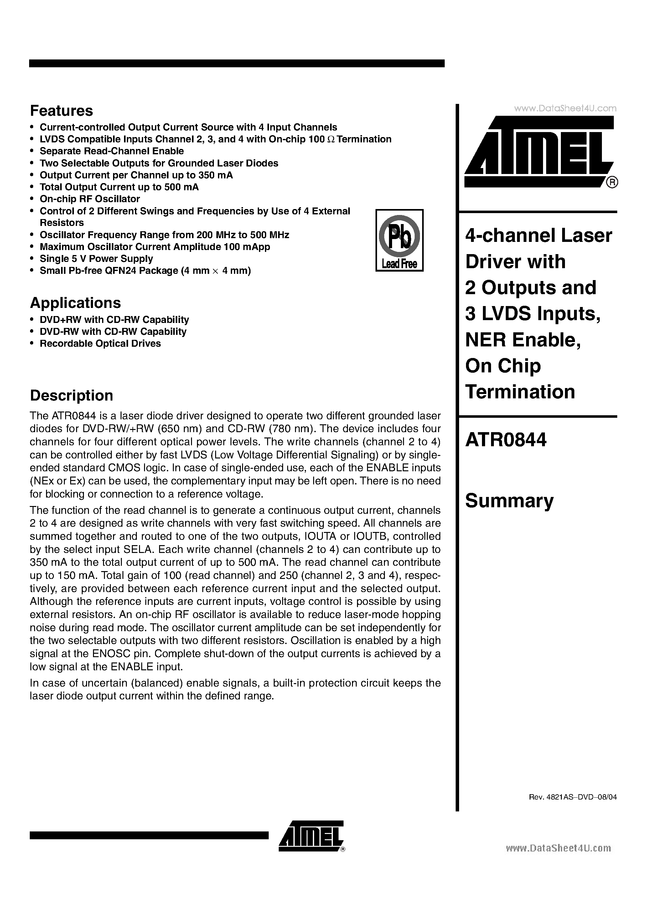 Datasheet ATR0844 - 4-channel Laser Driver page 1