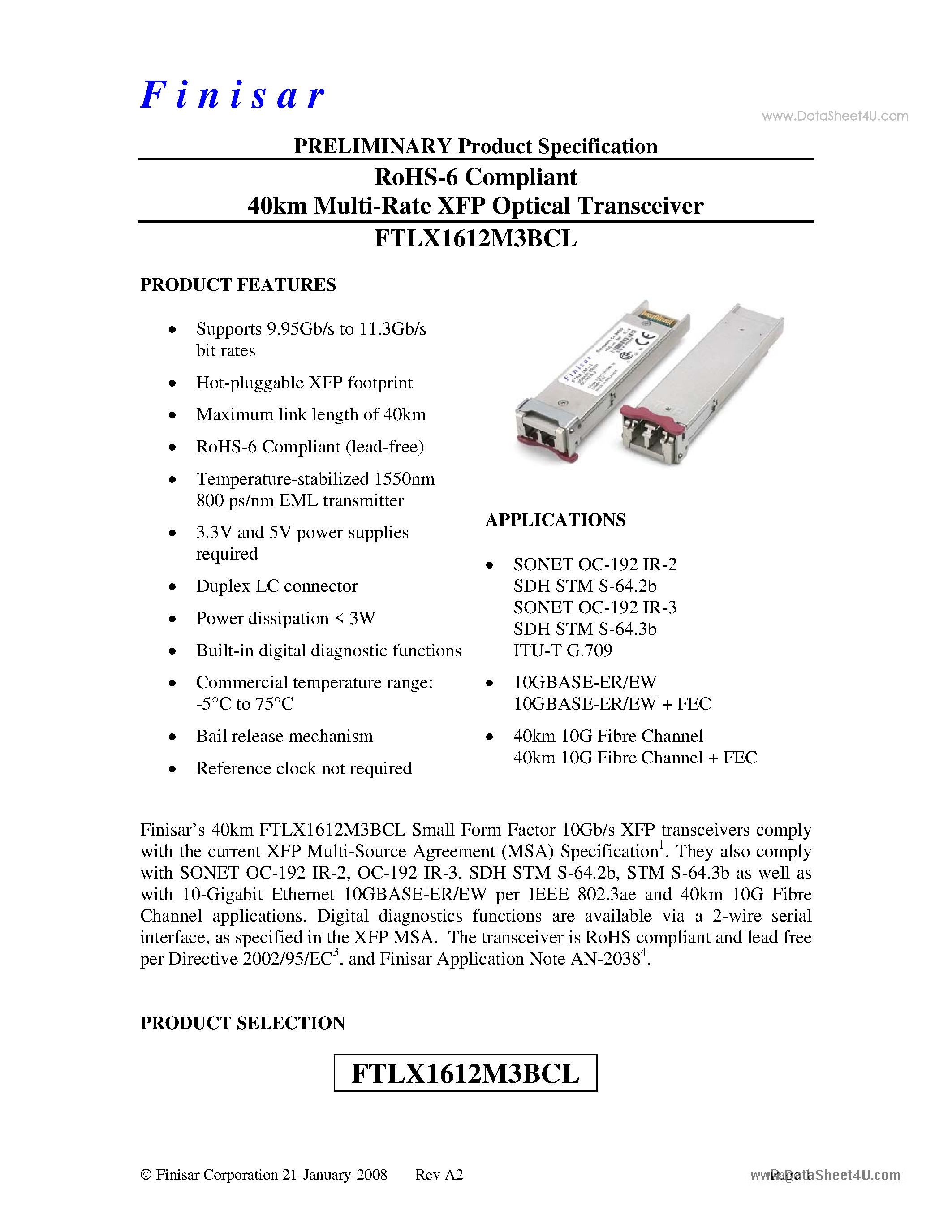 Datasheet FTLX1612M3BCL - RoHS-6 Compliant 40km Multi-Rate XFP Optical Transceiver page 1
