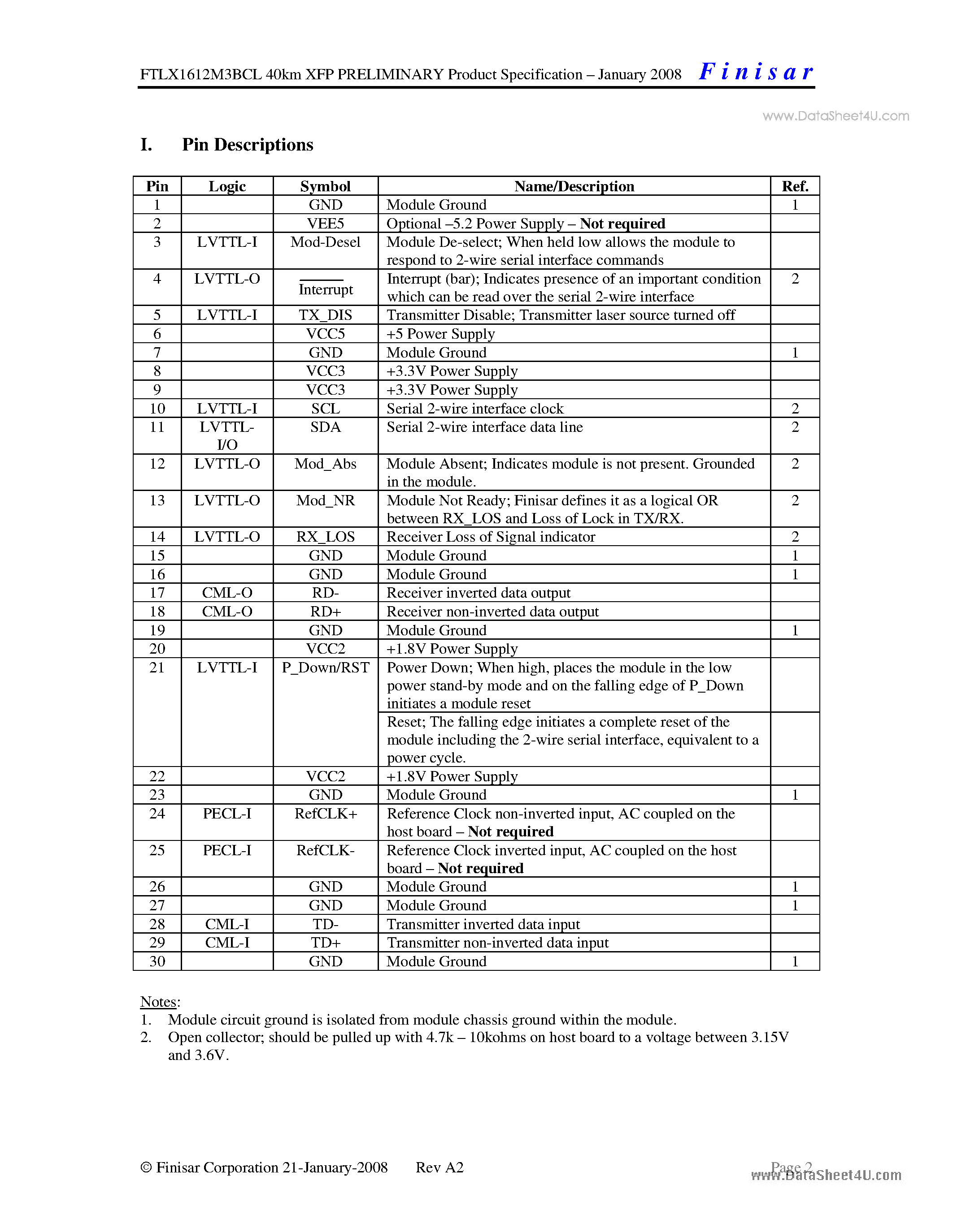 Datasheet FTLX1612M3BCL - RoHS-6 Compliant 40km Multi-Rate XFP Optical Transceiver page 2