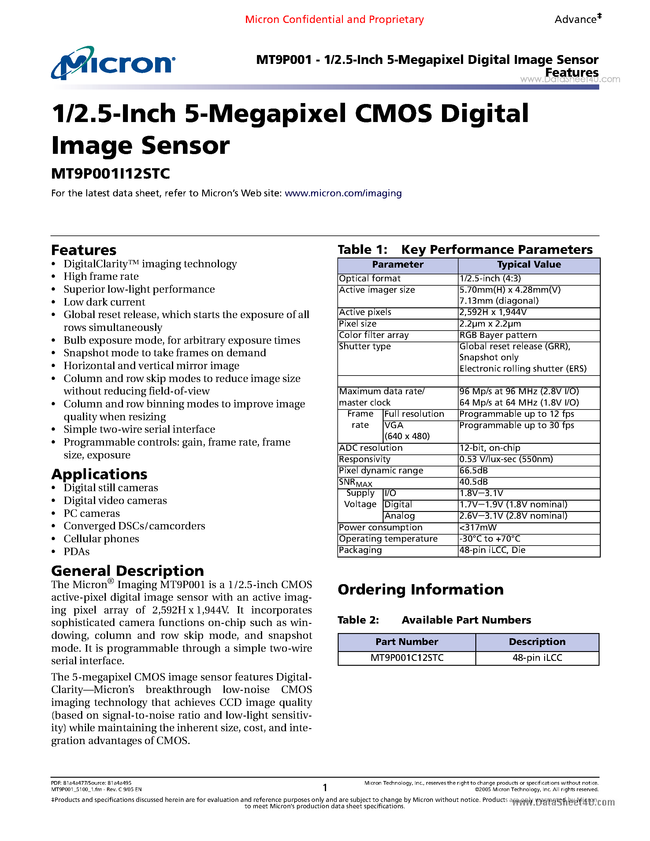 Datasheet MT9P001 - 1/2.5-Inch 5-Megapixel Digital Image Sensor page 1
