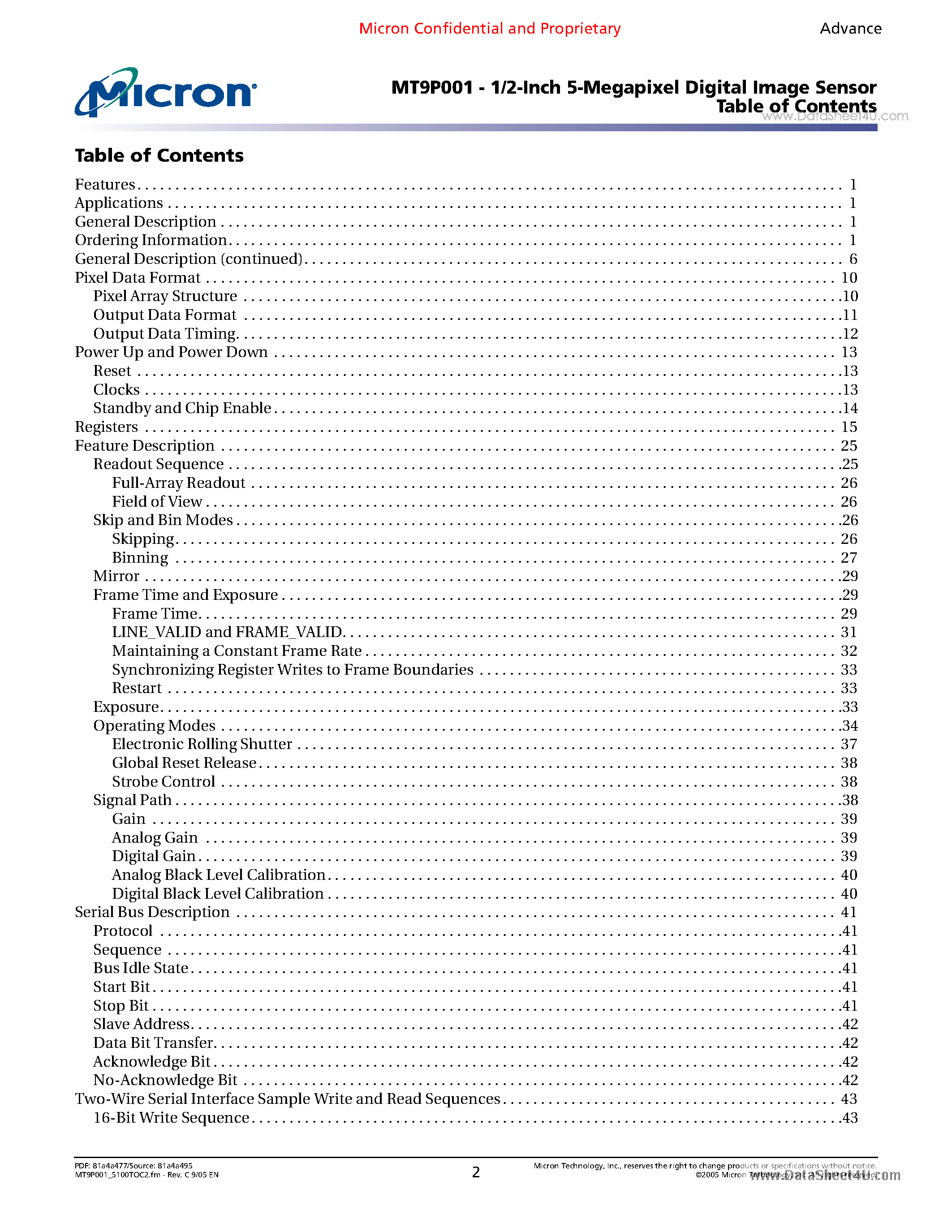 Datasheet MT9P001 - 1/2.5-Inch 5-Megapixel Digital Image Sensor page 2