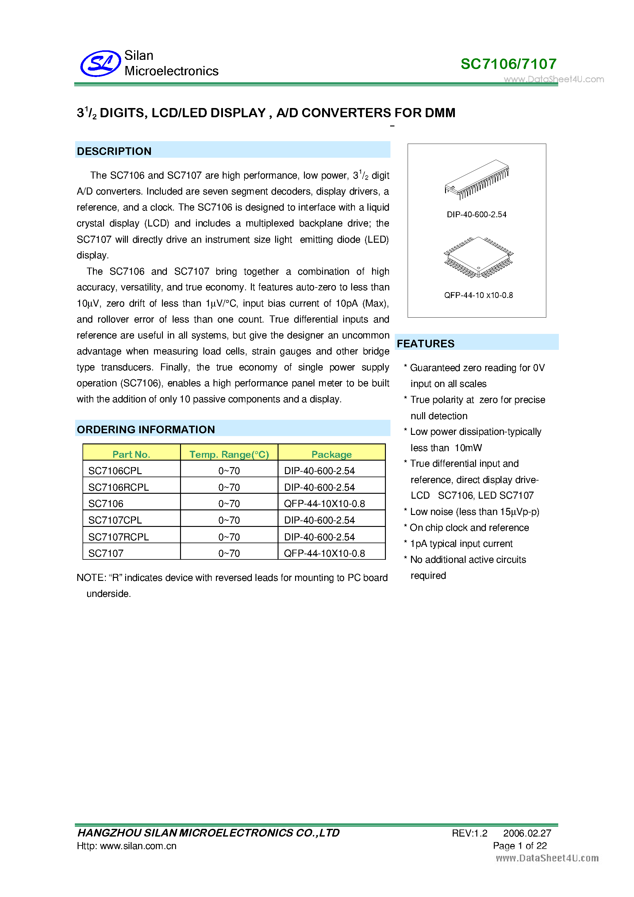 Даташит SC7106 - (SC7106 / SC7107) A/D CONVERTERS страница 1