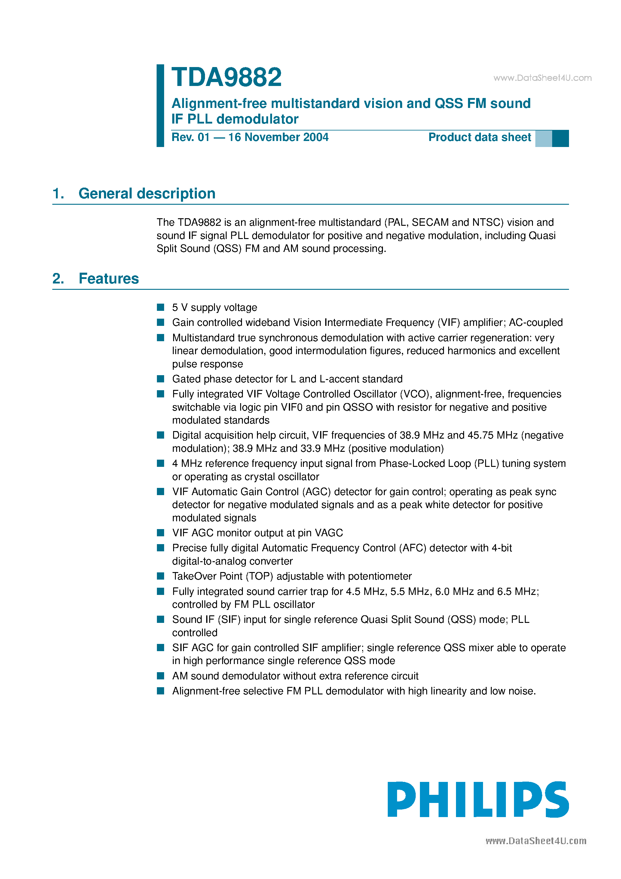 Datasheet TDA9882 page 1 Datasheet TDA9882 - Alignment-free multistandard vision and QSS FM sound IF PLL demodulator page 1