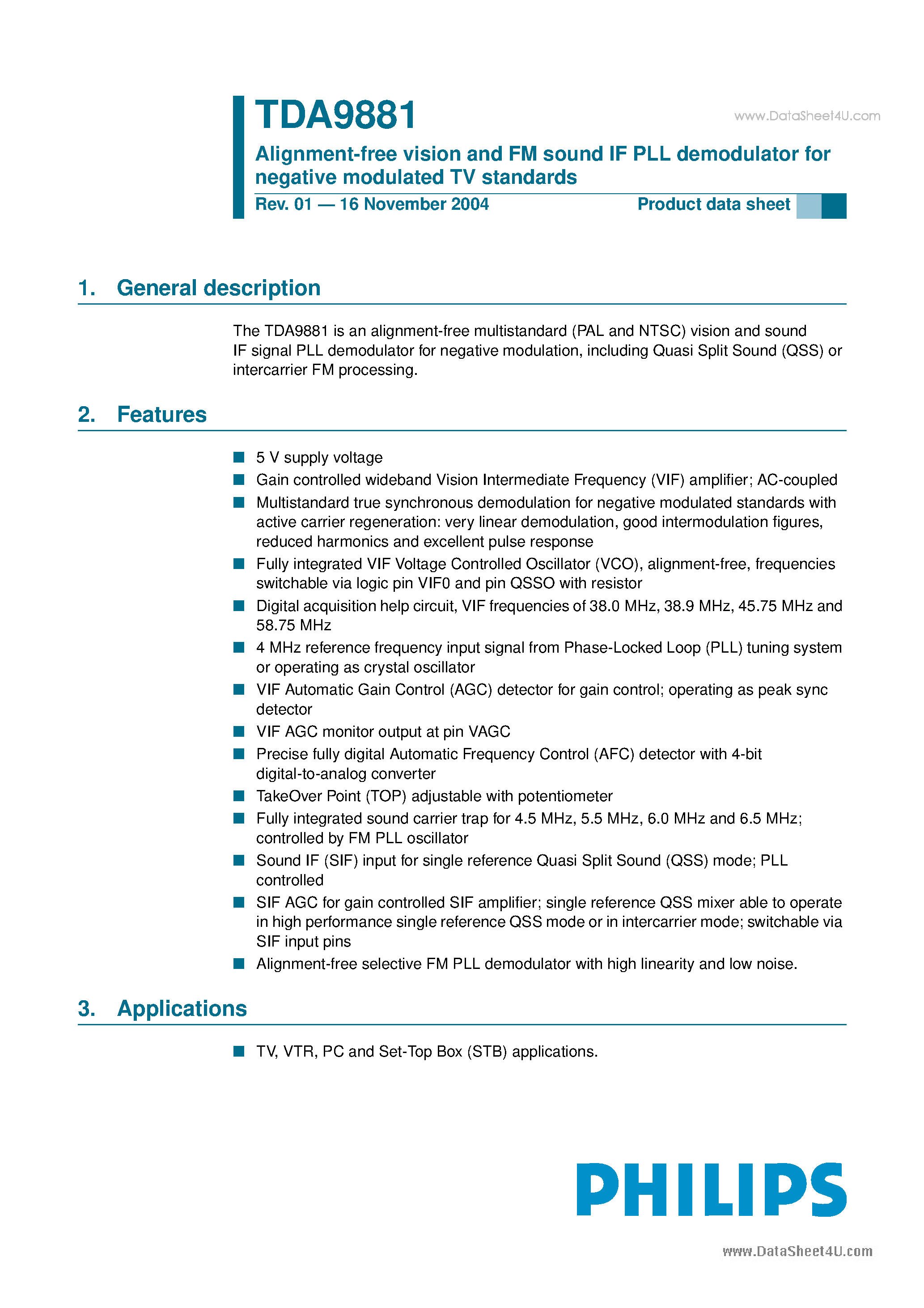 Datasheet TDA9881 page 1 Datasheet TDA9881 - Alignment-free vision and FM sound IF PLL demodulator page 1