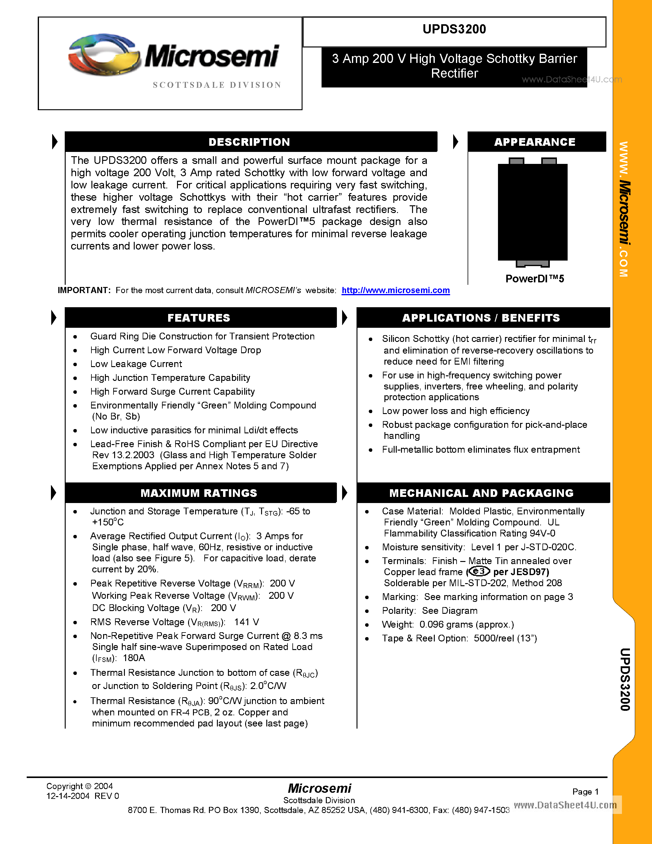 Datasheet UPDS3200 - 3 Amp 200V High Voltage Schottky Barrier Rectifier page 1