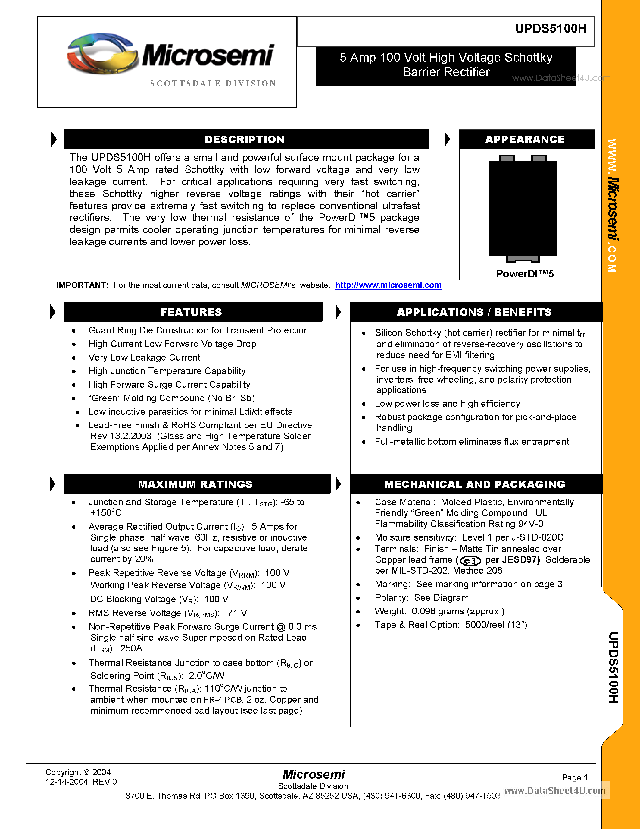 Datasheet UPDS5100H - 5 Amp 100V High Voltage Schottky Barrier Rectifier page 1