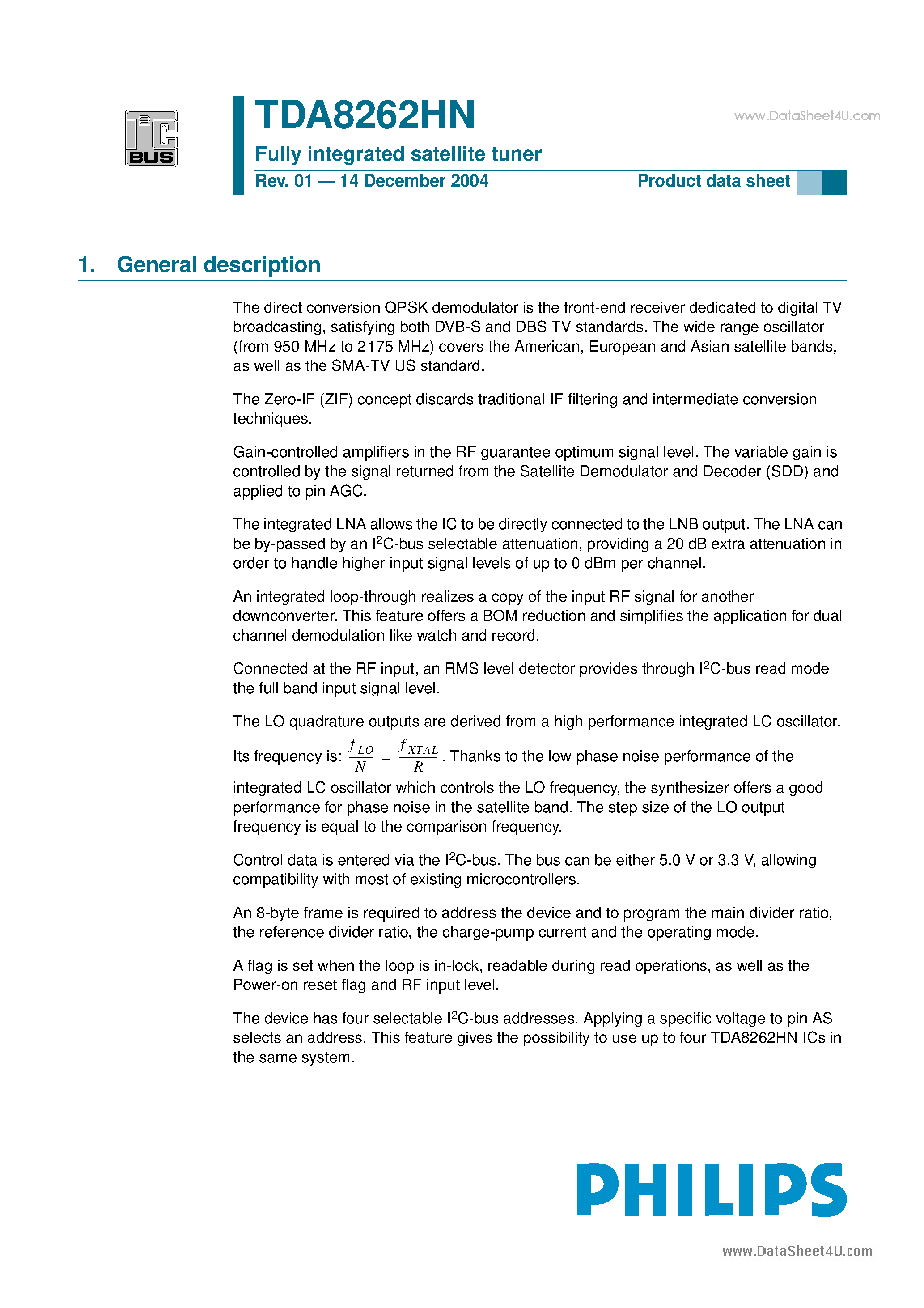 Datasheet TDA8262HN - Fully integrated satellite tuner page 1