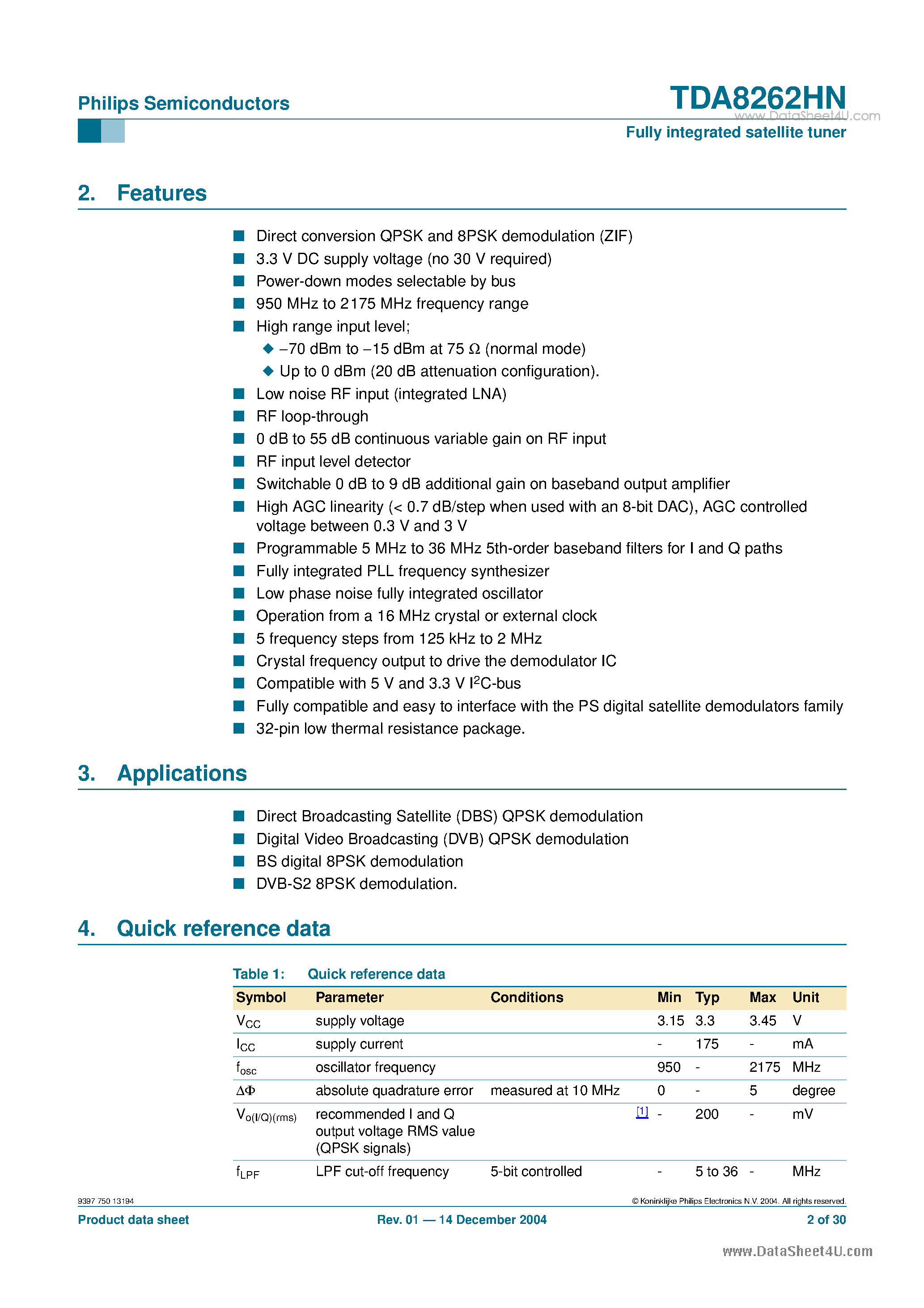 Datasheet TDA8262HN - Fully integrated satellite tuner page 2