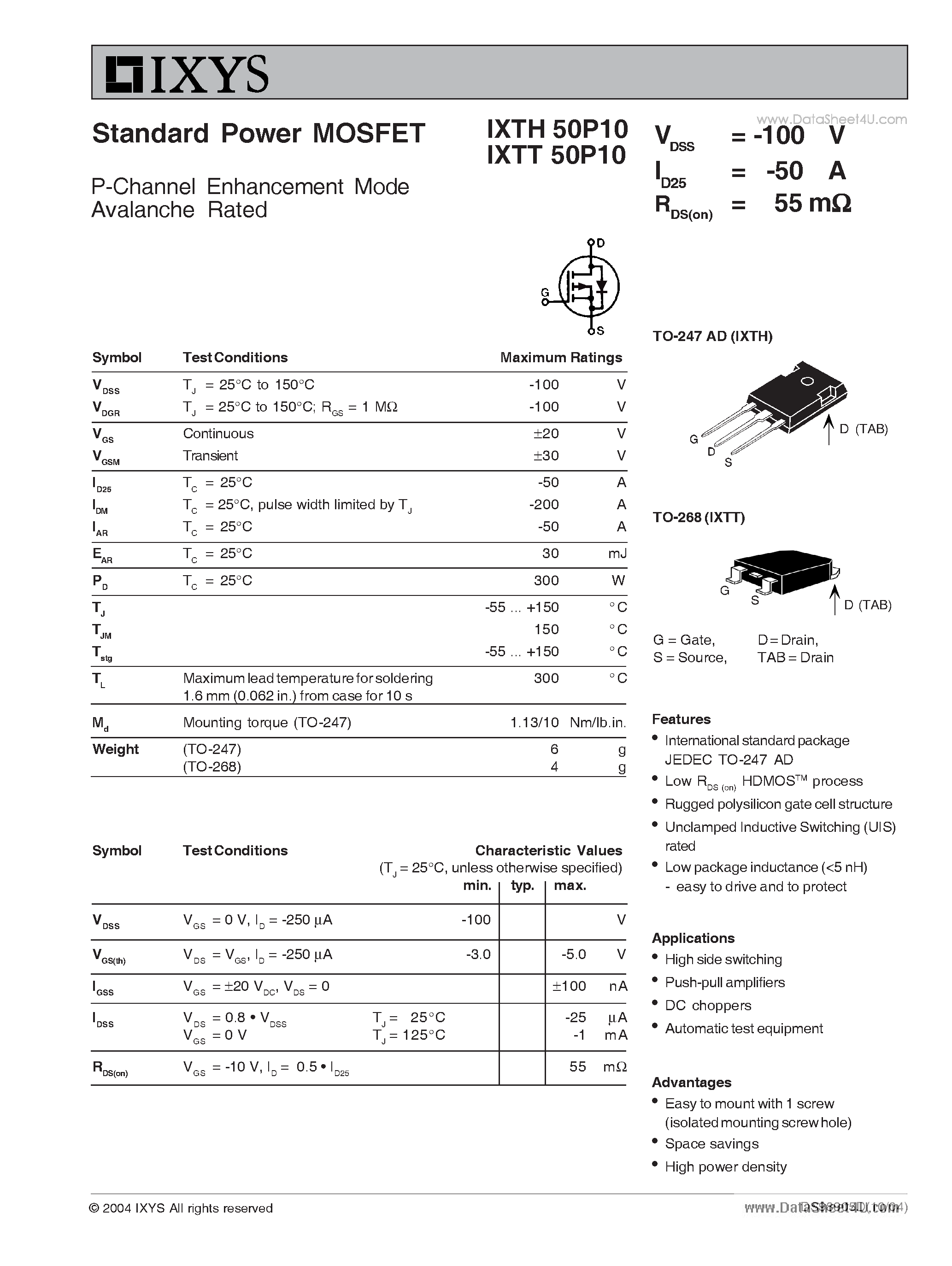 Даташит на микросхему IXTH50P10 страница 1 Даташит IXTH50P10 - Standard Power MOSFET страница 1